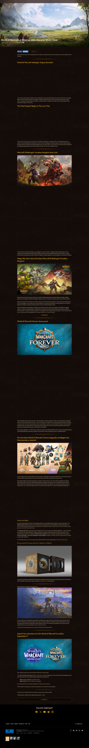 Official "World of Warcraft at BlizzCon 2026" recap running through the Eclipse, The Last Titan, Forsaken Kingdom, and World of Warcraft: Forever sections.