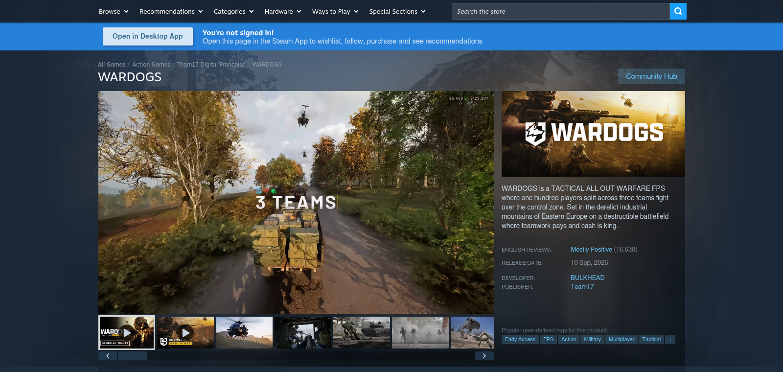 Fiche du jeu sur Steam, avec bande-annonce, mention d'avis plutôt positive et date de sortie au 10 septembre 2026.