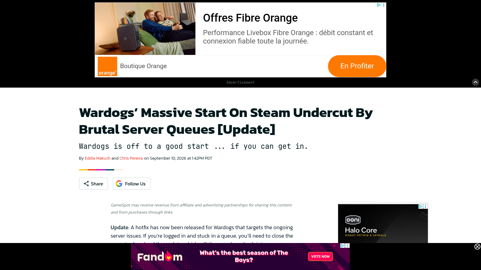 Article de GameSpot titrant sur des files d'attente brutales au lancement du jeu, signé Eddie Makuch et Chris Pereira.