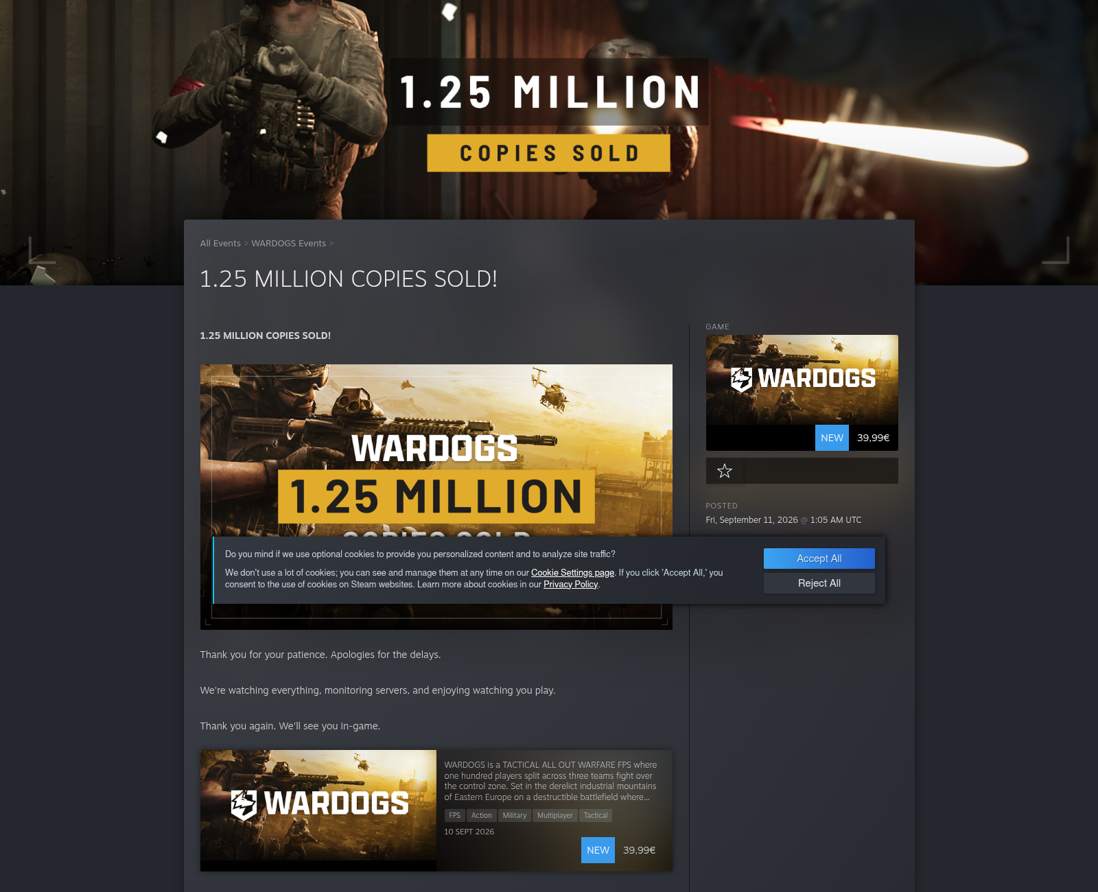Message officiel publié sur Steam annonçant 1,25 million de copies vendues, avec des excuses pour les délais et le prix à 39,99 euros affiché.