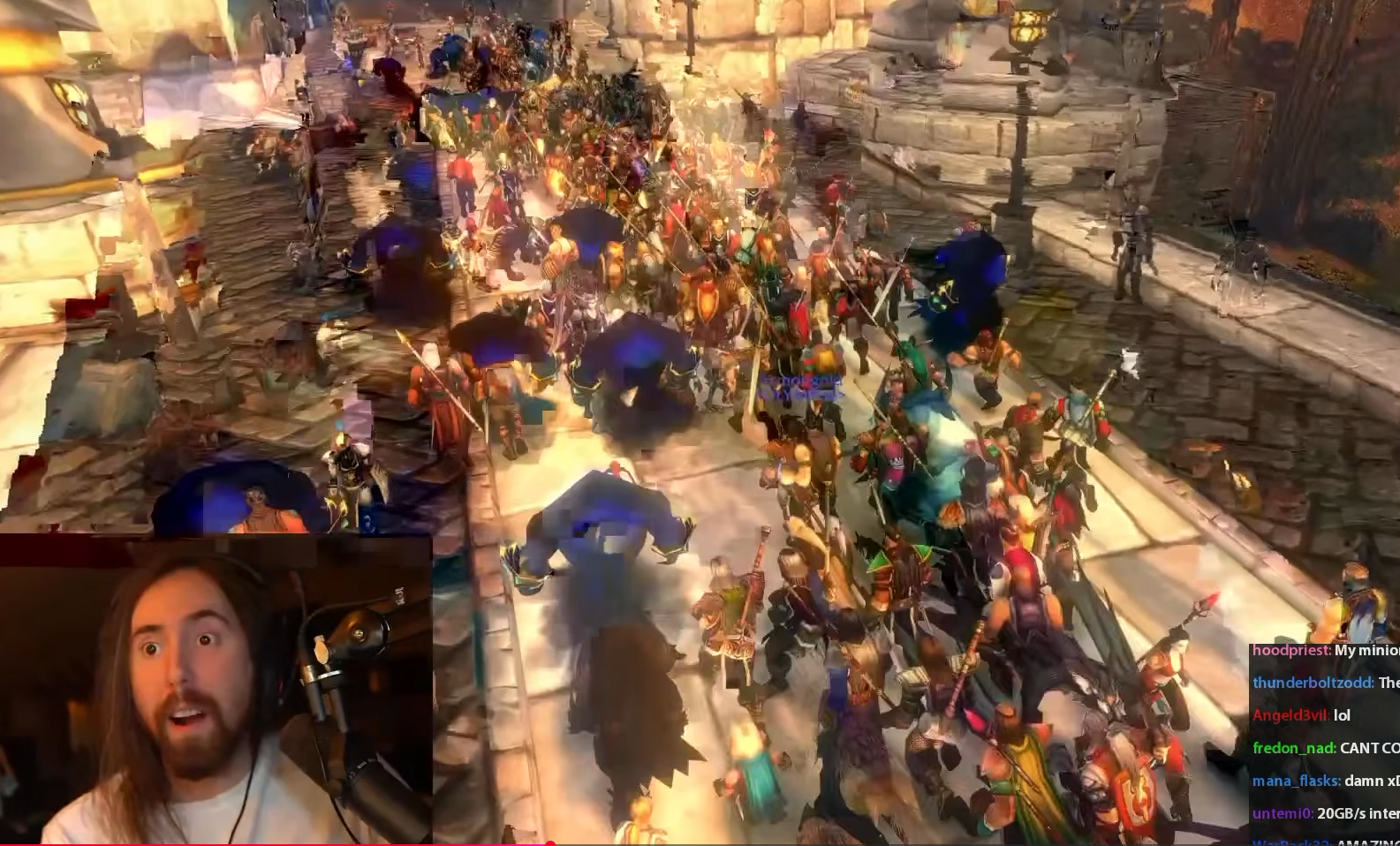 Colonne de centaines de joueurs traversant un pont de Hurlevent, avec Asmongold surpris en incrustation