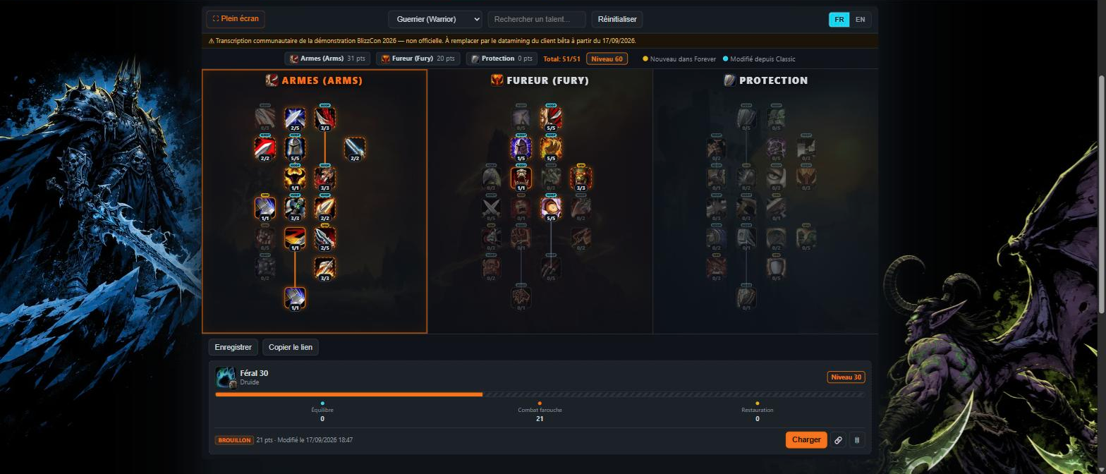 Calculateur de talents WoW Forever sur kami-labs.fr avec un build Guerrier Armes 31/20/0 chargé, totalisant 51 points sur 51 pour le niveau 60, à côté des boutons Enregistrer et Copier le lien, et un build sauvegardé Féral 30 en brouillon.