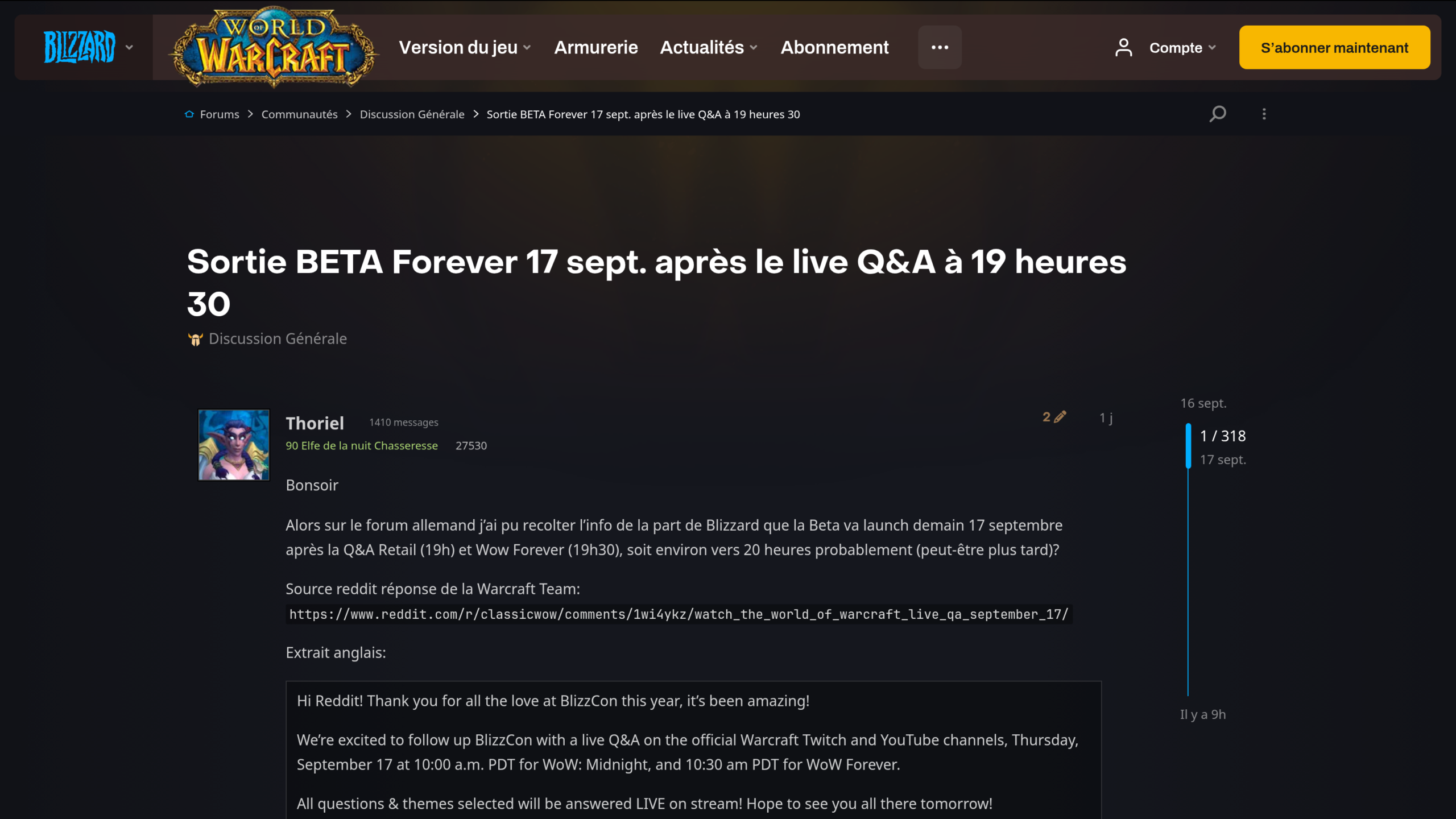 Message du forum officiel Blizzard France daté du 16 septembre 2026, annonçant l'horaire d'ouverture de la bêta WoW Forever après le stream Q&A du 17 septembre.