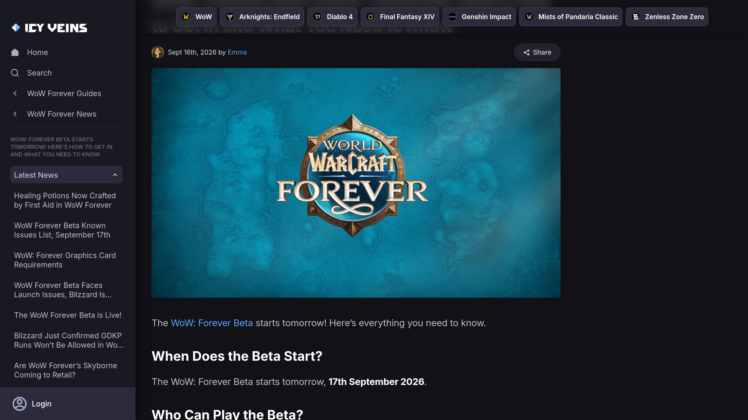 Logo officiel World of Warcraft Forever sur une carte d'Azeroth, article Icy Veins du 16 septembre 2026 annonçant l'ouverture de la bêta le lendemain.