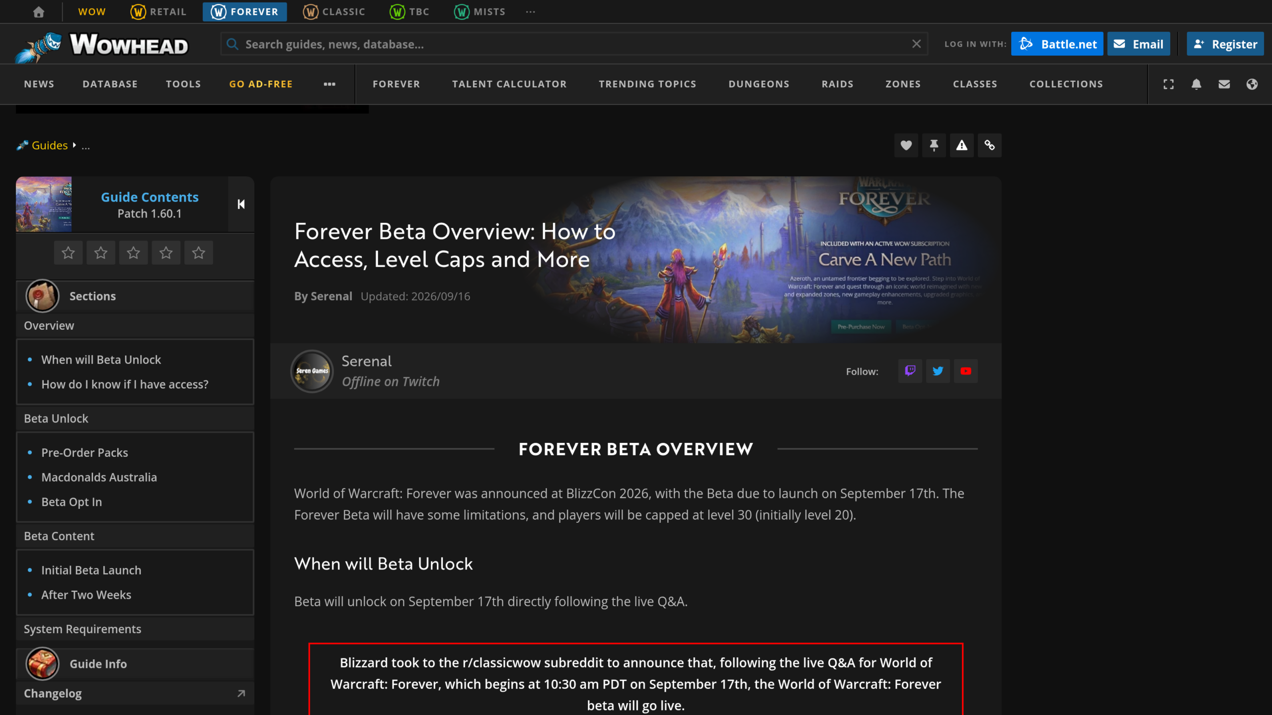 Capture du guide Wowhead Forever Beta Overview, avec les dates de la bêta et le niveau maximum indiqués