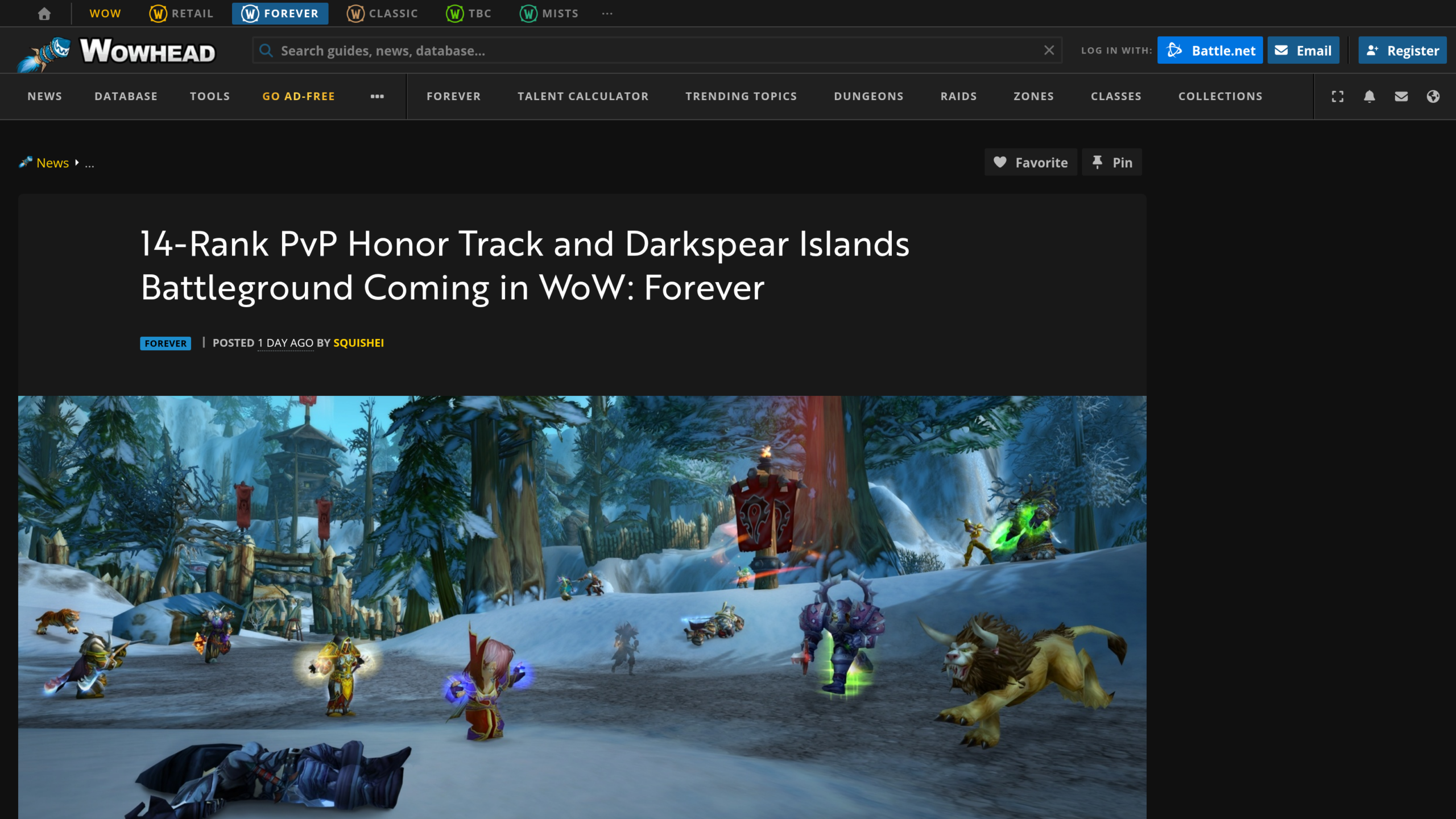 Article Wowhead du 16 septembre 2026 annonçant une piste d'honneur PvP à 14 rangs et un nouveau champ de bataille, les Îles Sombrelance, pour WoW Forever.