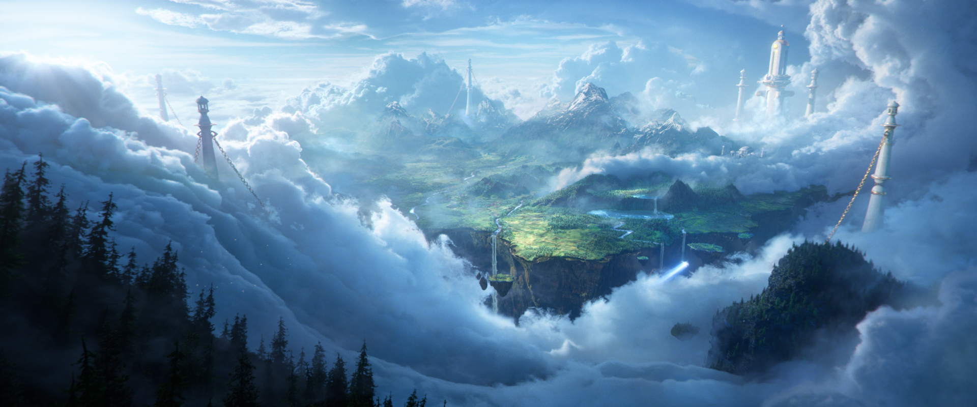 Image fixe de la cinématique d'annonce de WoW Forever, une île flottante enchaînée au-dessus des nuages dans la zone des Skyborne.
