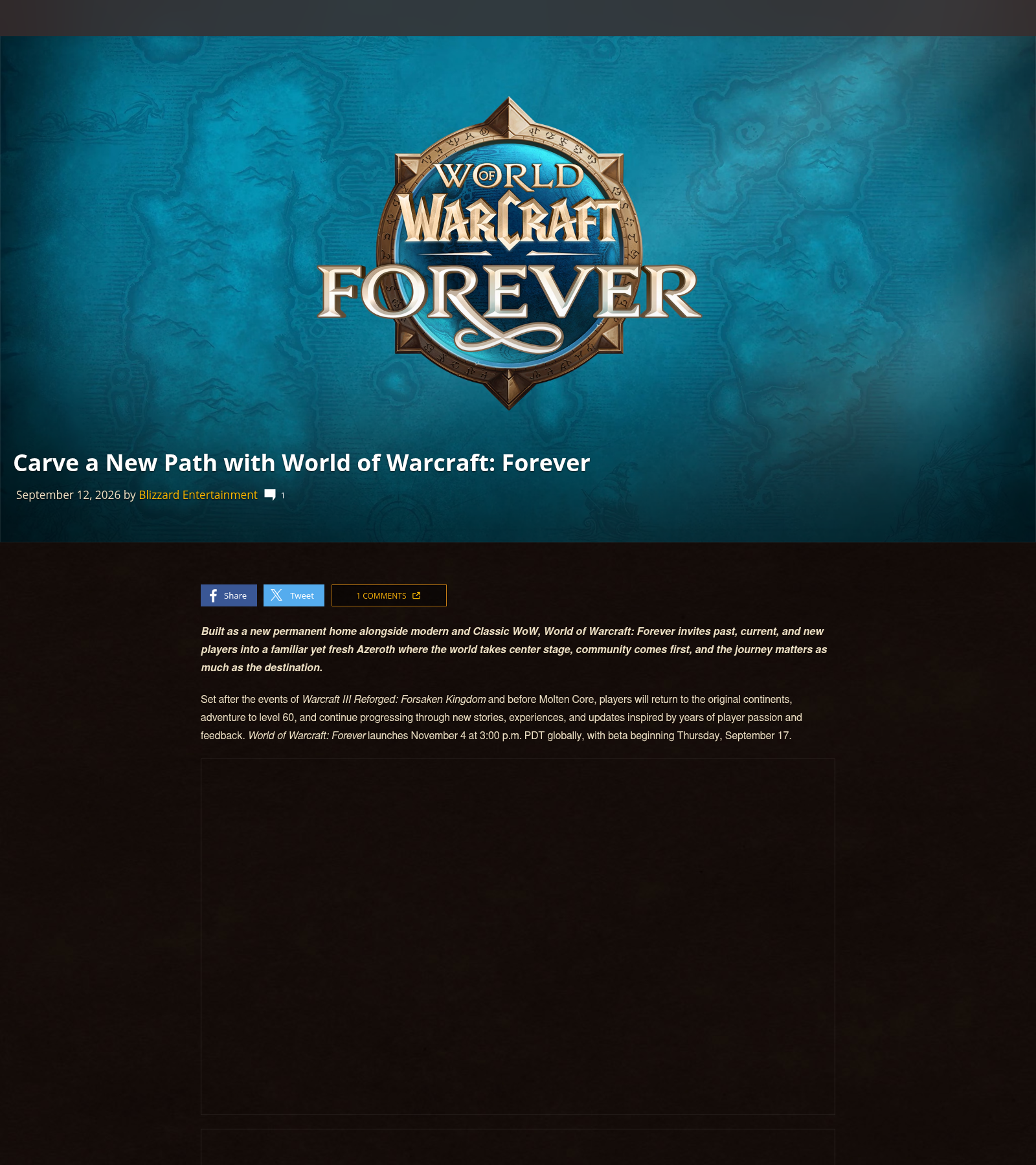 Page officielle Blizzard « Carve a New Path with World of Warcraft: Forever » avec le logo du jeu, les visuels du pack de pré-achat et l'édition collector.