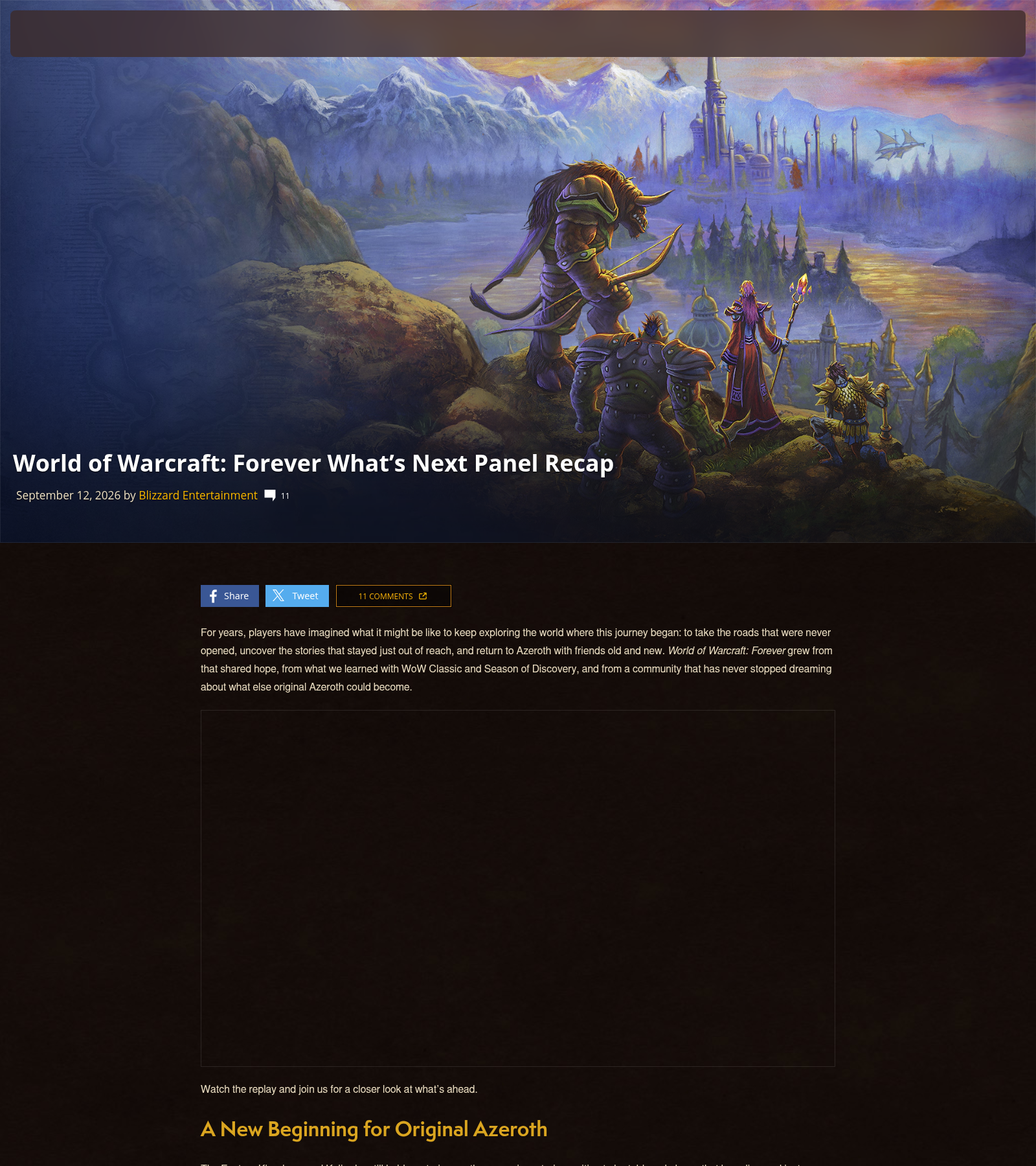 Récapitulatif officiel du panel What's Next de World of Warcraft: Forever, longue page illustrée de captures in-game classées par thème : nouvelles zones, donjons, raids, systèmes.