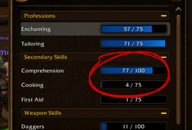 Fenêtre des compétences de WoW Forever avec Comprehension entourée en rouge à 77 sur 100, Enchanting à 57 sur 75 et Tailoring à 71 sur 75.