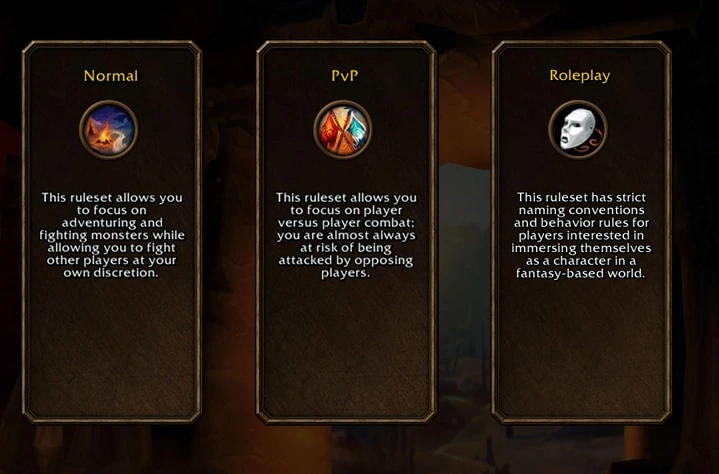 Trois cartes de règles de jeu : Normal, PvP et Roleplay