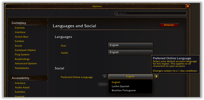Menu Options, rubrique Langues et social, liste de la langue en ligne préférée