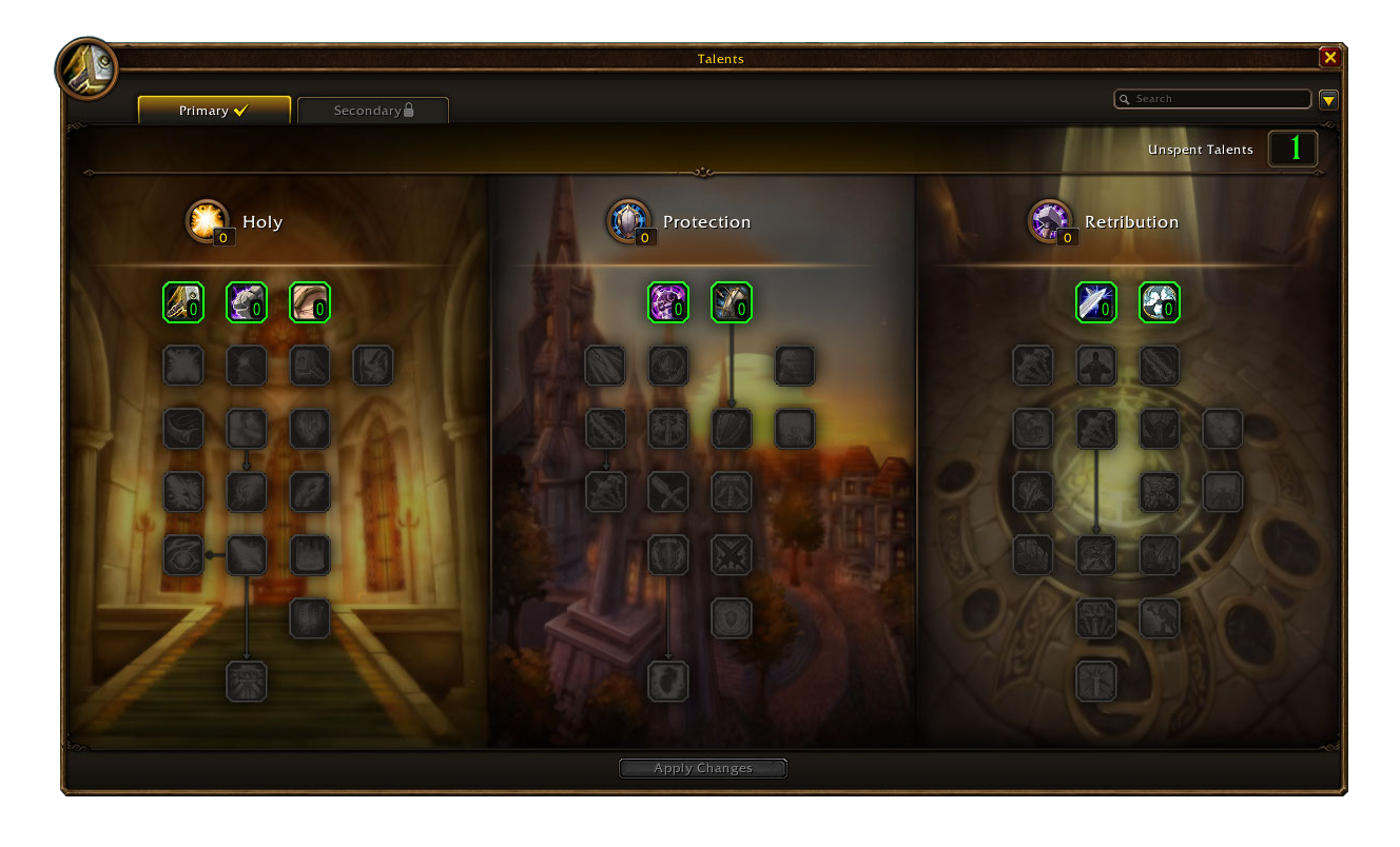 Fenêtre de talents du Paladin avec les arbres Sacré, Protection et Vindicte