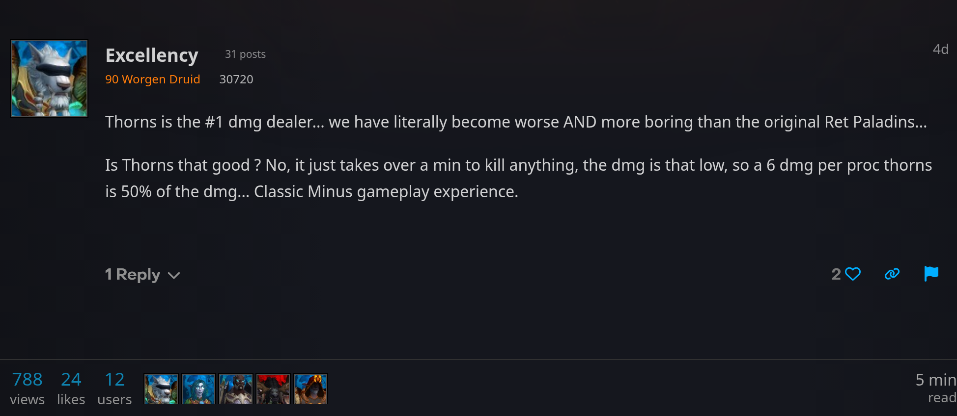 Message du joueur Excellency sur le forum Blizzard expliquant que les Épines font la moitié de ses dégâts en leveling