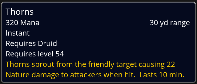 Infobulle anglaise des Épines rang 6 dans WoW Forever : 22 points de dégâts de nature aux attaquants