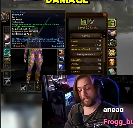 Sodapoppin en stream devant son druide niveau 20, l'infobulle de la Sporid Cape ouverte avec l'ensemble THORNS