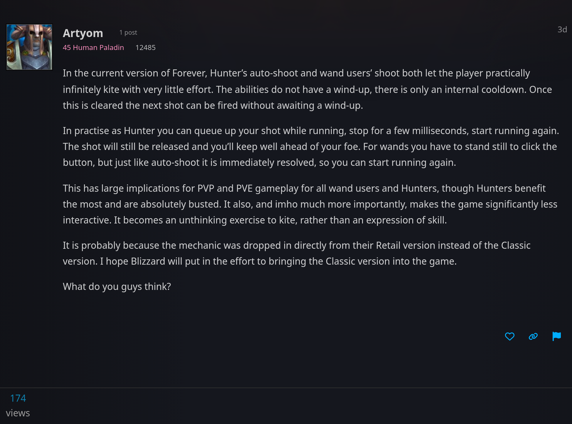 Message d'Artyom sur le forum européen de World of Warcraft : sur la bêta WoW Forever, le tir automatique et la baguette permettent de kiter presque sans effort