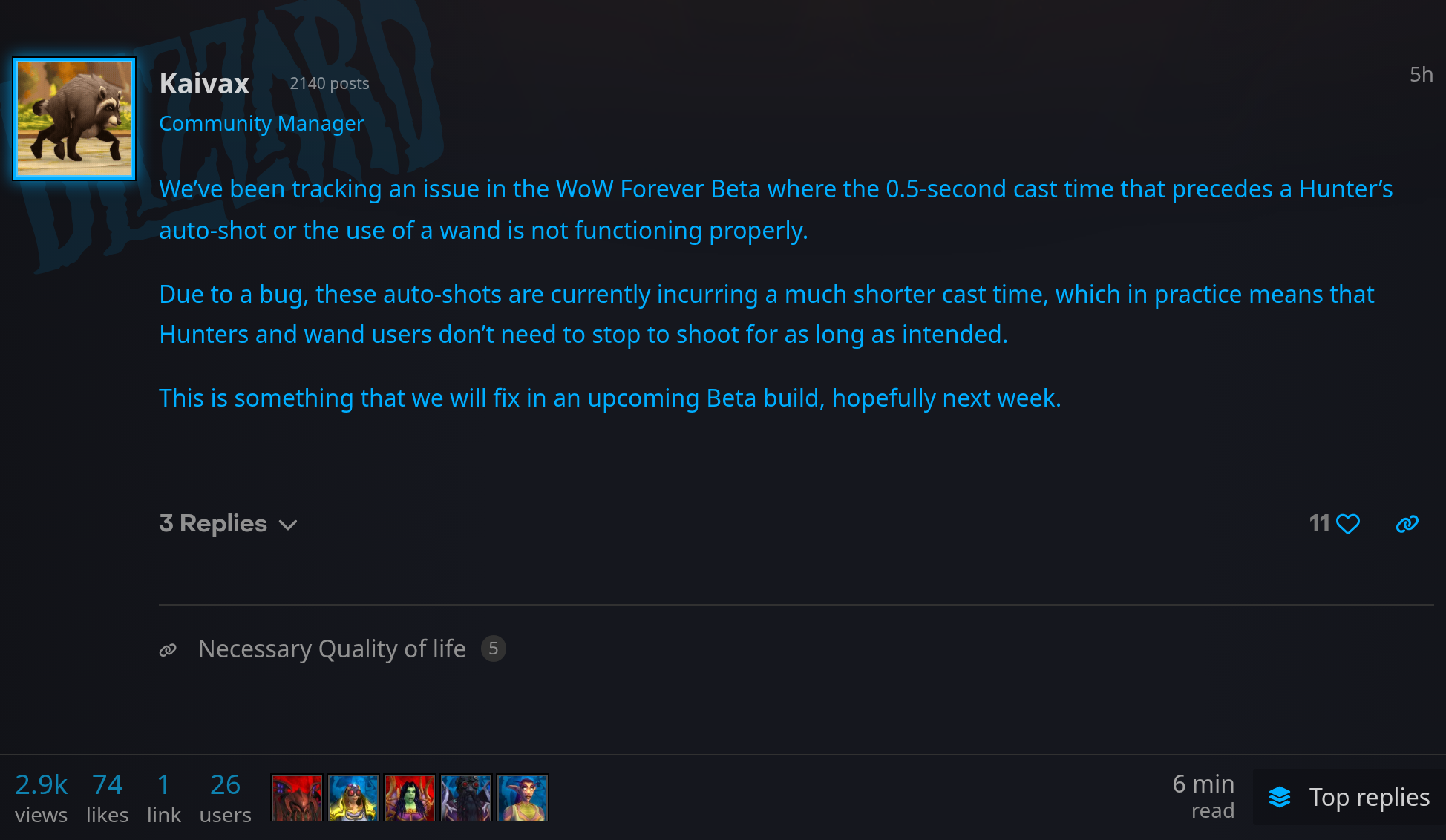 Message de Kaivax, community manager de Blizzard, sur le forum de la bêta WoW Forever : le temps d'incantation de 0,5 seconde du Tir automatique WoW Forever et de la baguette est buggé et sera corrigé