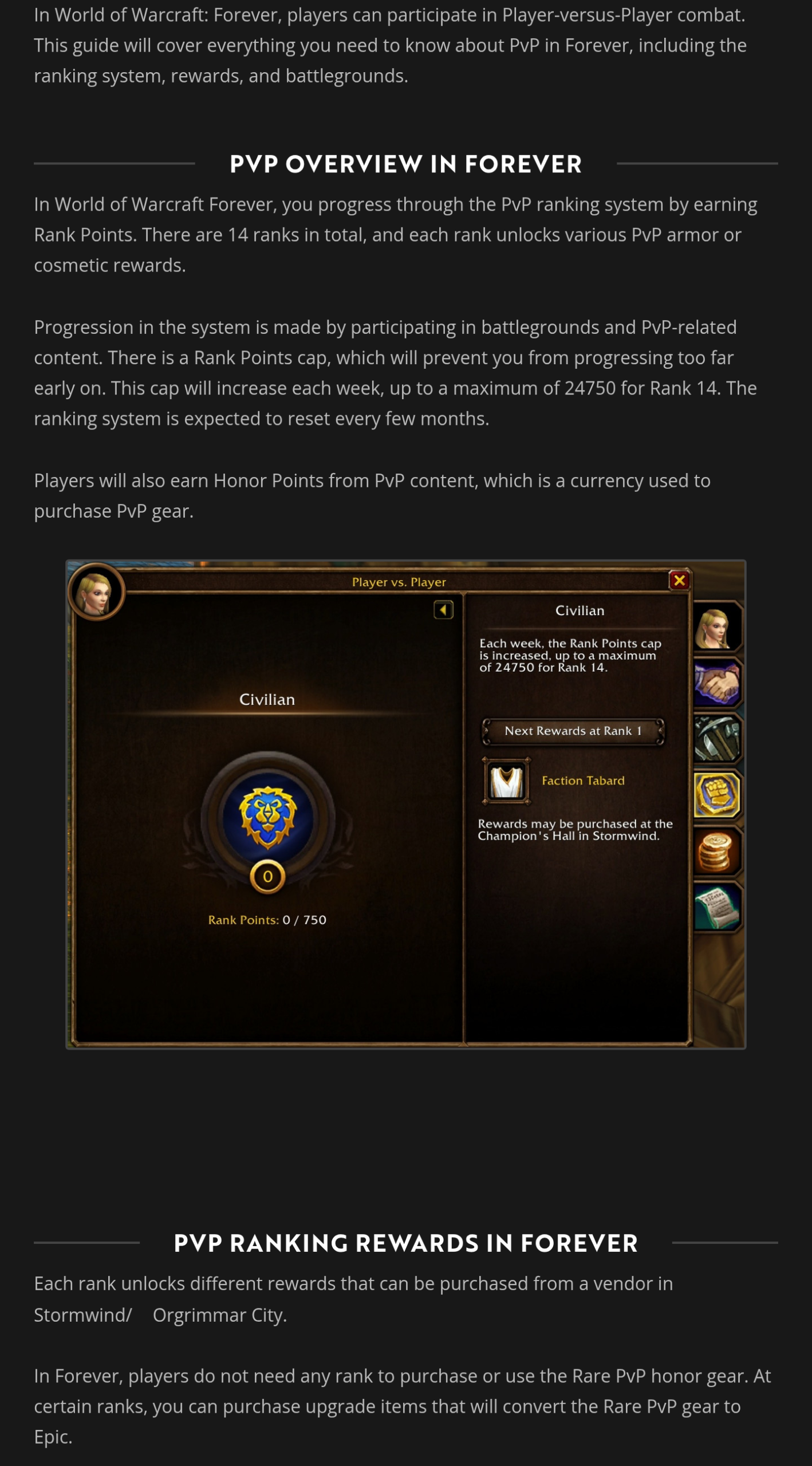 Guide PvP de Wowhead pour WoW Forever présentant les 14 rangs et la fenêtre de classement en jeu