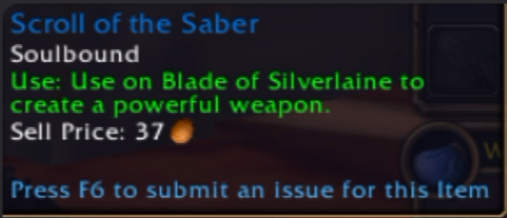Infobulle du Scroll of the Saber, parchemin lié à l'âme, avec sa description d'utilisation sur la Lame de Silverlaine.