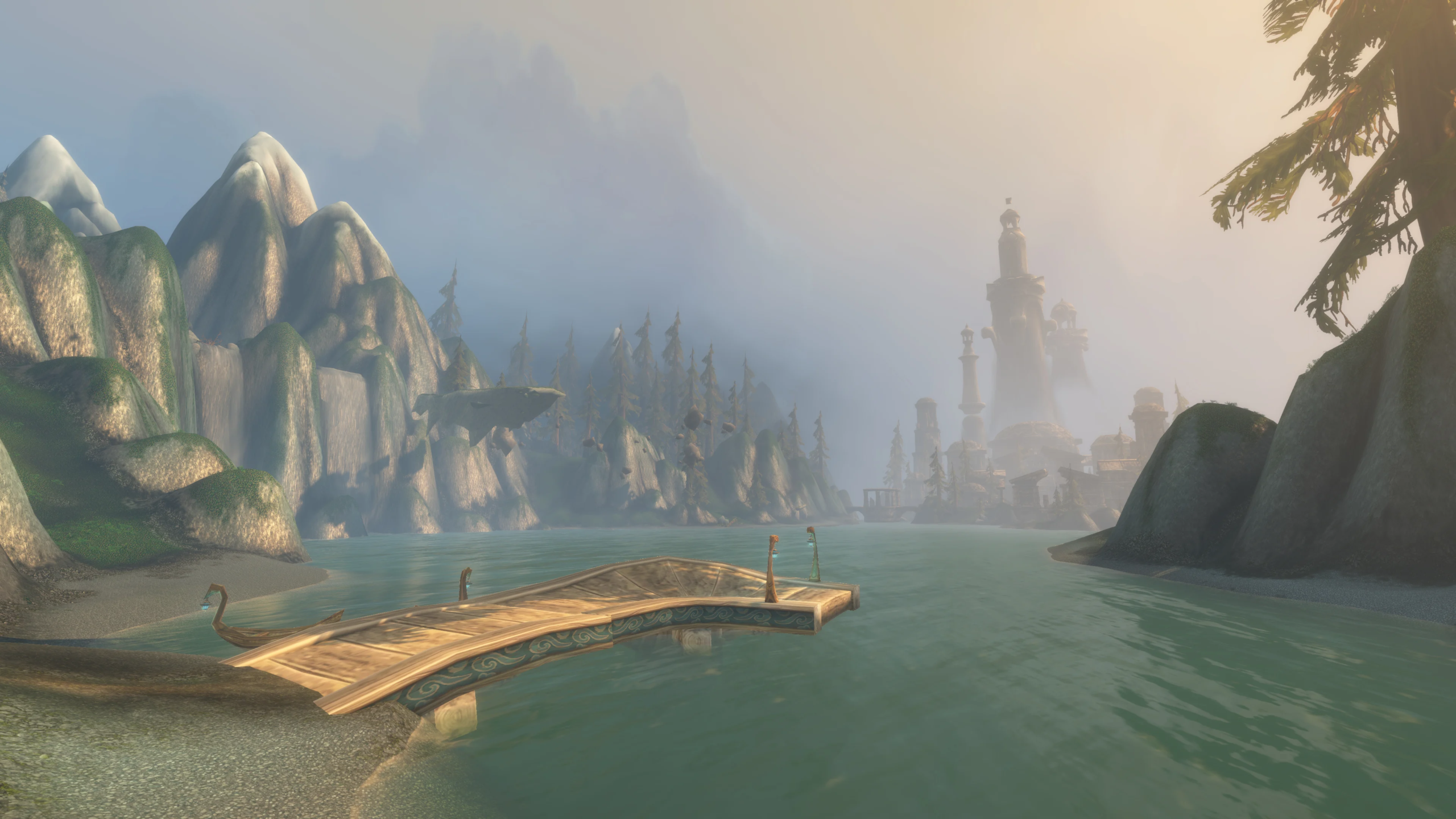 Visuel officiel Blizzard de la zone de Zephras dans WoW Forever, avec un lac, un pont, des tours et des montagnes enneigées.