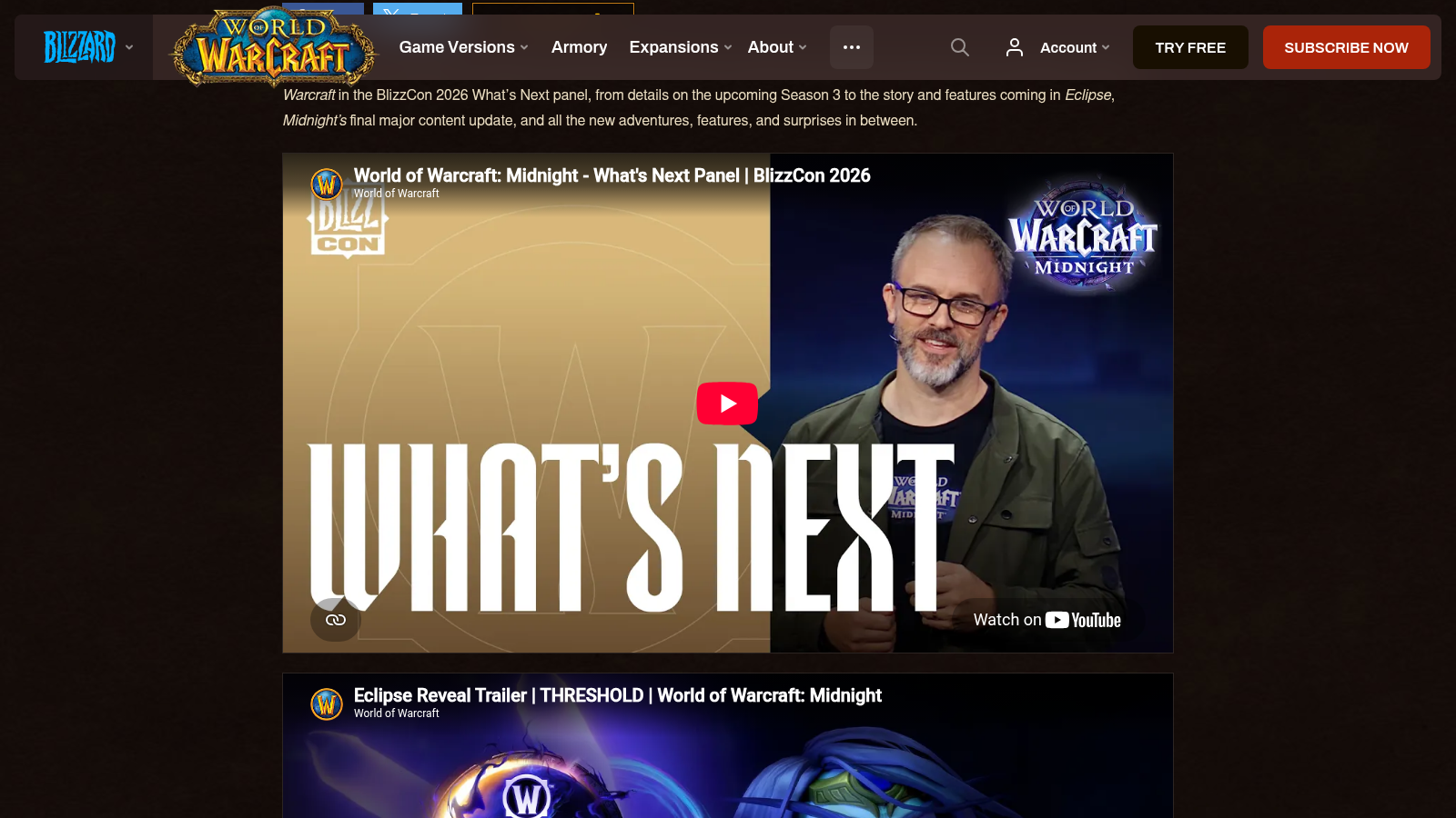 Vignettes vidéo de la page Blizzard du panel Midnight What's Next : le panel filmé à la BlizzCon et le trailer de révélation d'Eclipse intitulé Threshold.