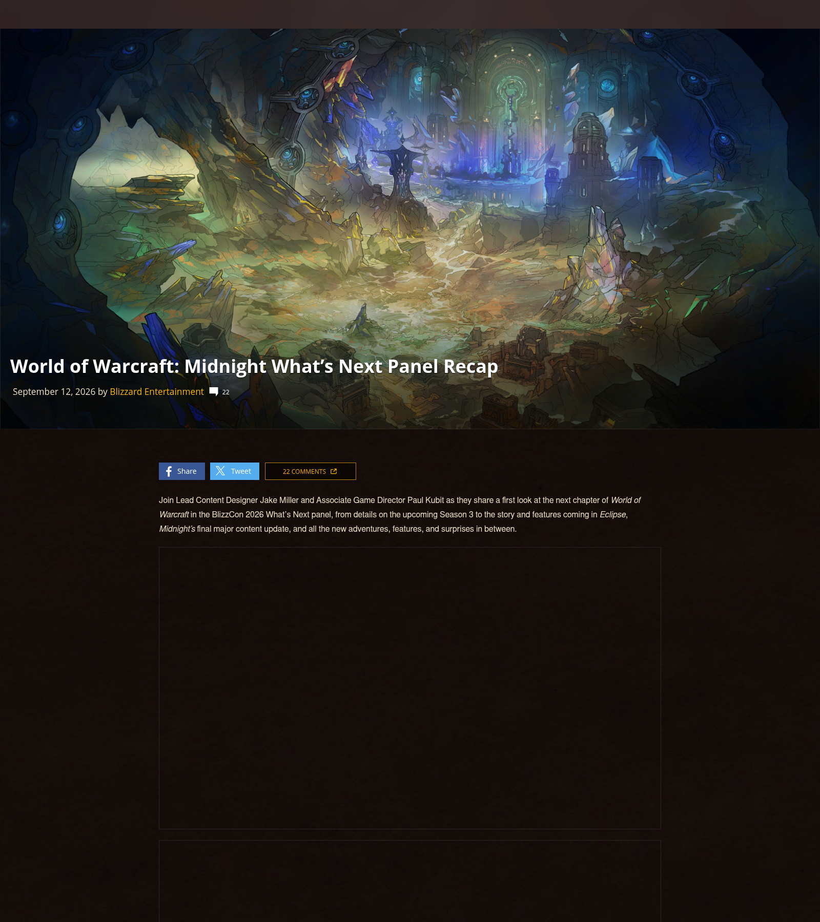 Récapitulatif officiel du panel Midnight What's Next, avec un bandeau calendaire et des captures in-game de la nouvelle zone et des donjons et raids à venir.