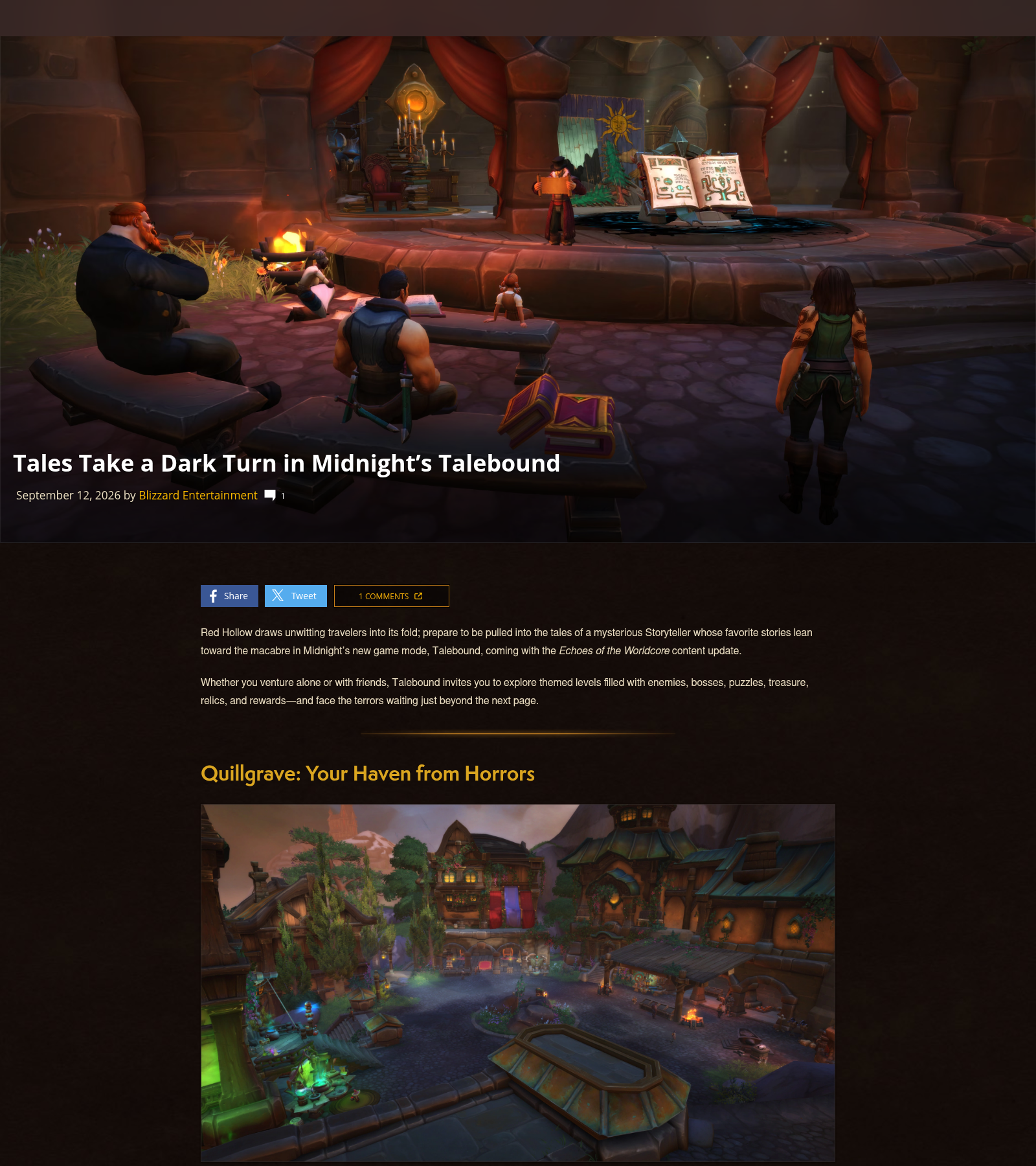Page officielle Blizzard « Tales Take a Dark Turn in Midnight's Talebound » : scène de conteur en taverne, village de Quillgrave, combat de boss nocturne et présentation des trois classes Slayer, Inquisitor et Witch.