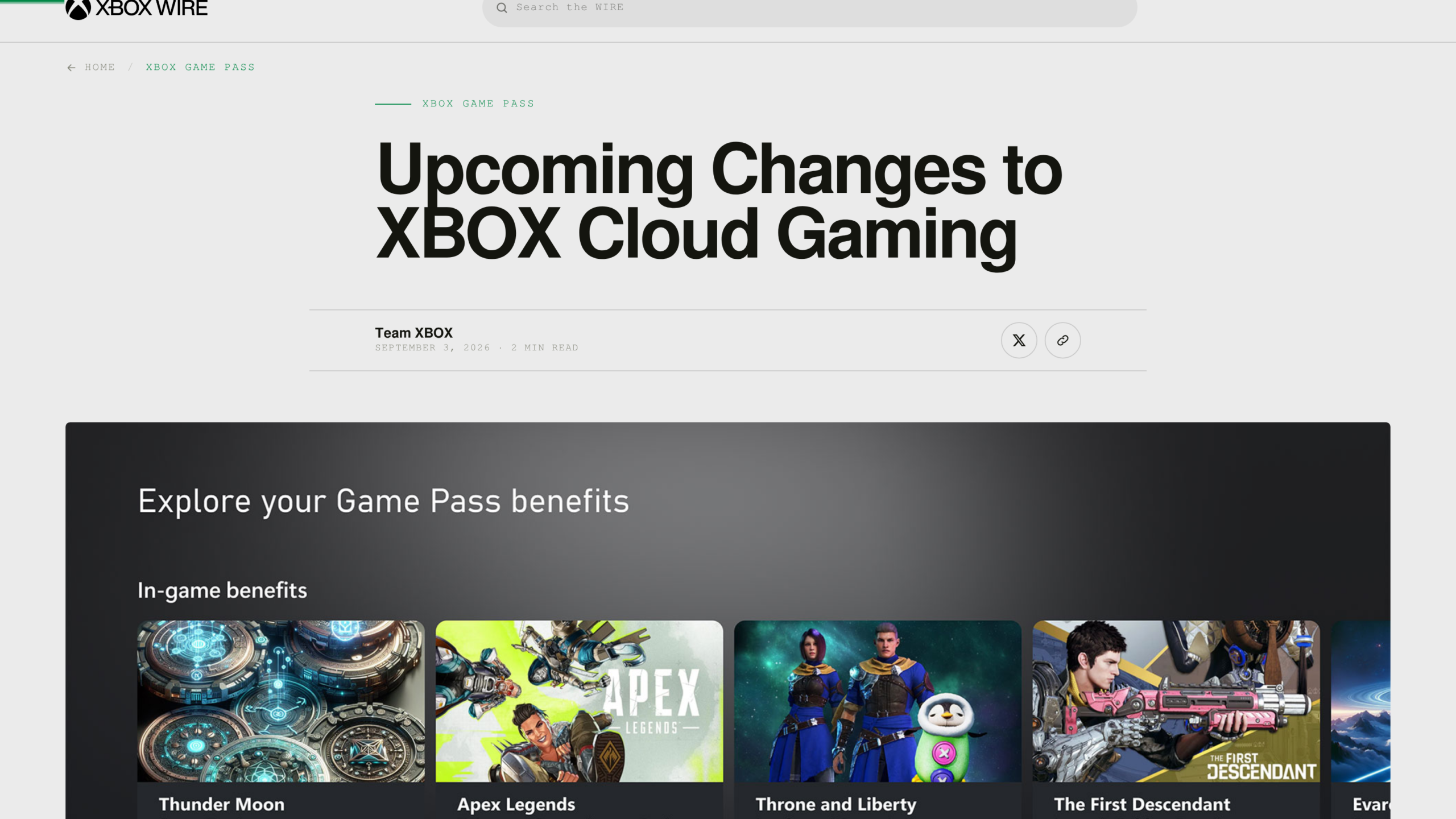 Annonce officielle de Microsoft sur Xbox Wire intitulée Upcoming Changes to XBOX Cloud Gaming