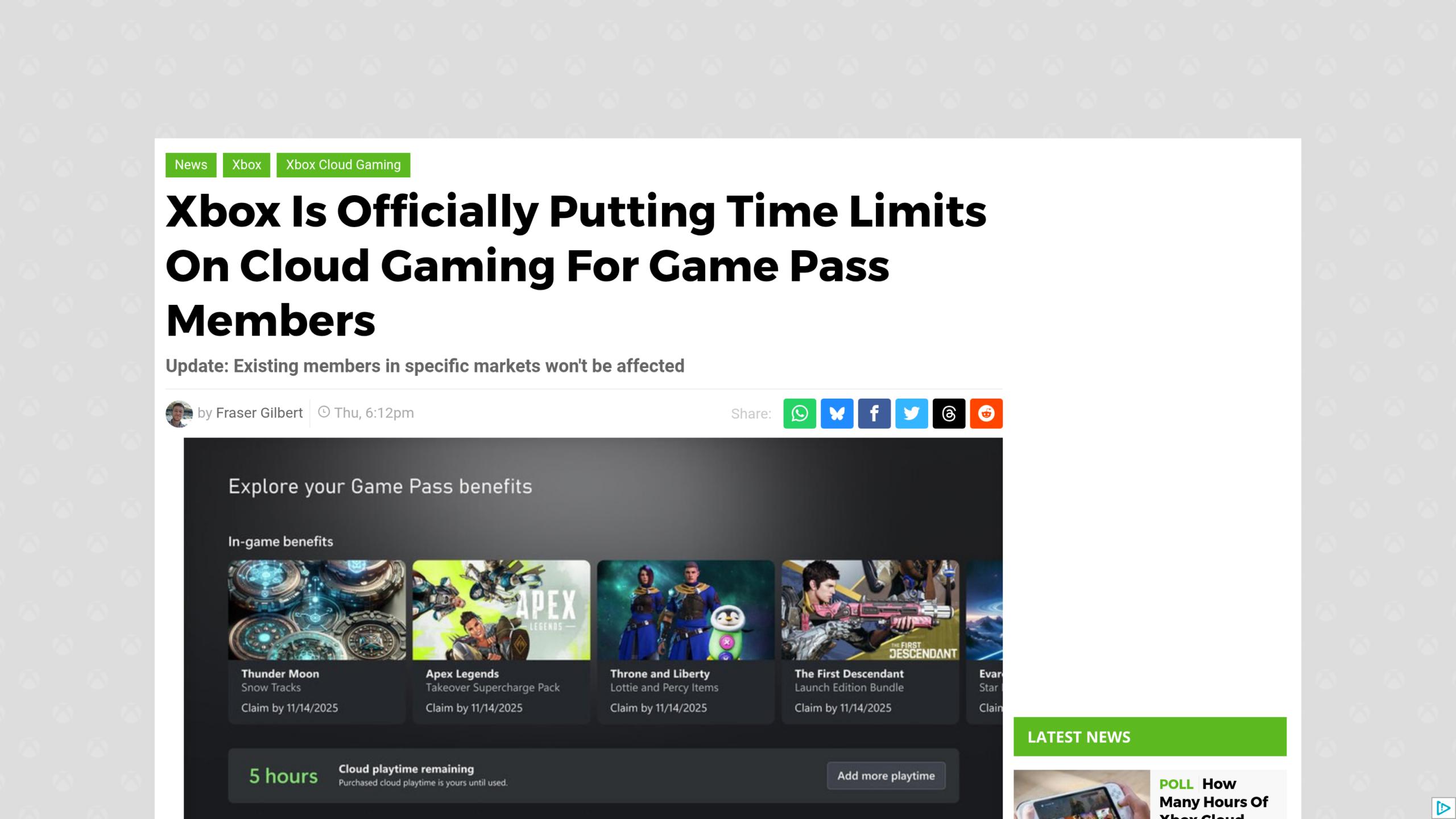 Article de Pure Xbox annonçant les limites de temps sur le jeu en nuage