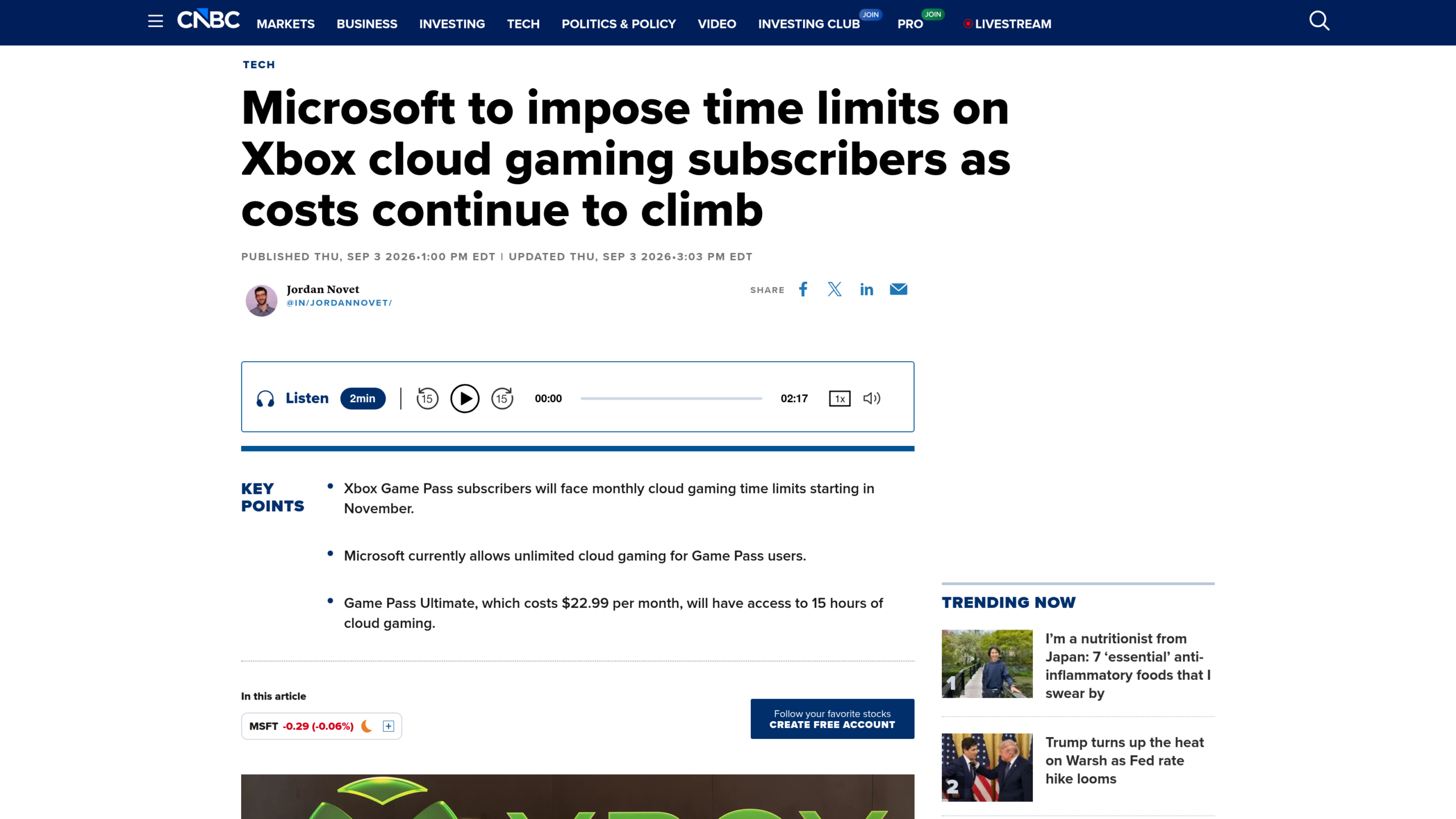 Article de CNBC signé Jordan Novet sur les plafonds du jeu en nuage chez Xbox