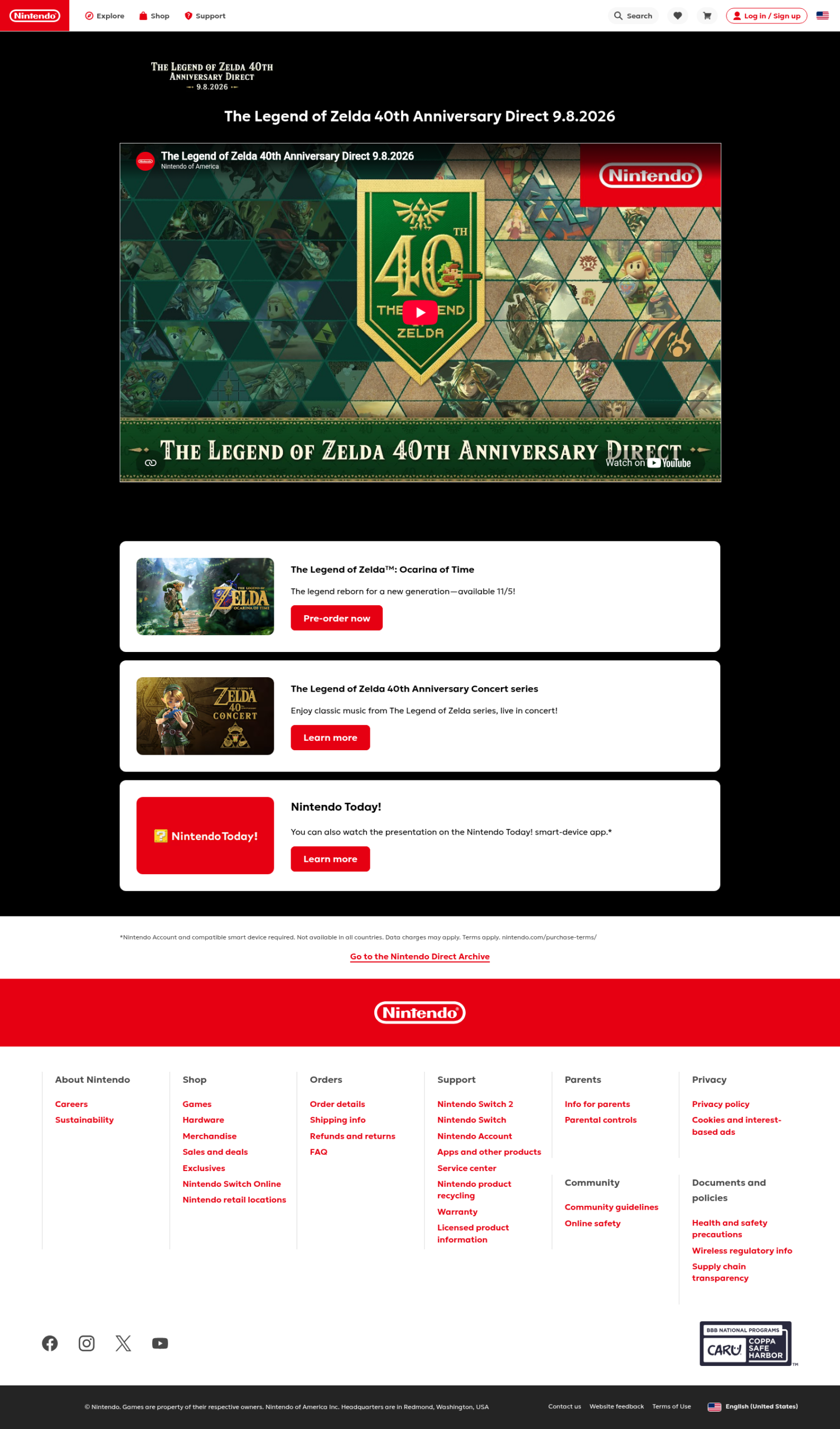 Page officielle du Direct Nintendo du 8 septembre 2026, avec la carte du jeu annonçant sa disponibilité le 5 novembre et un bouton de précommande