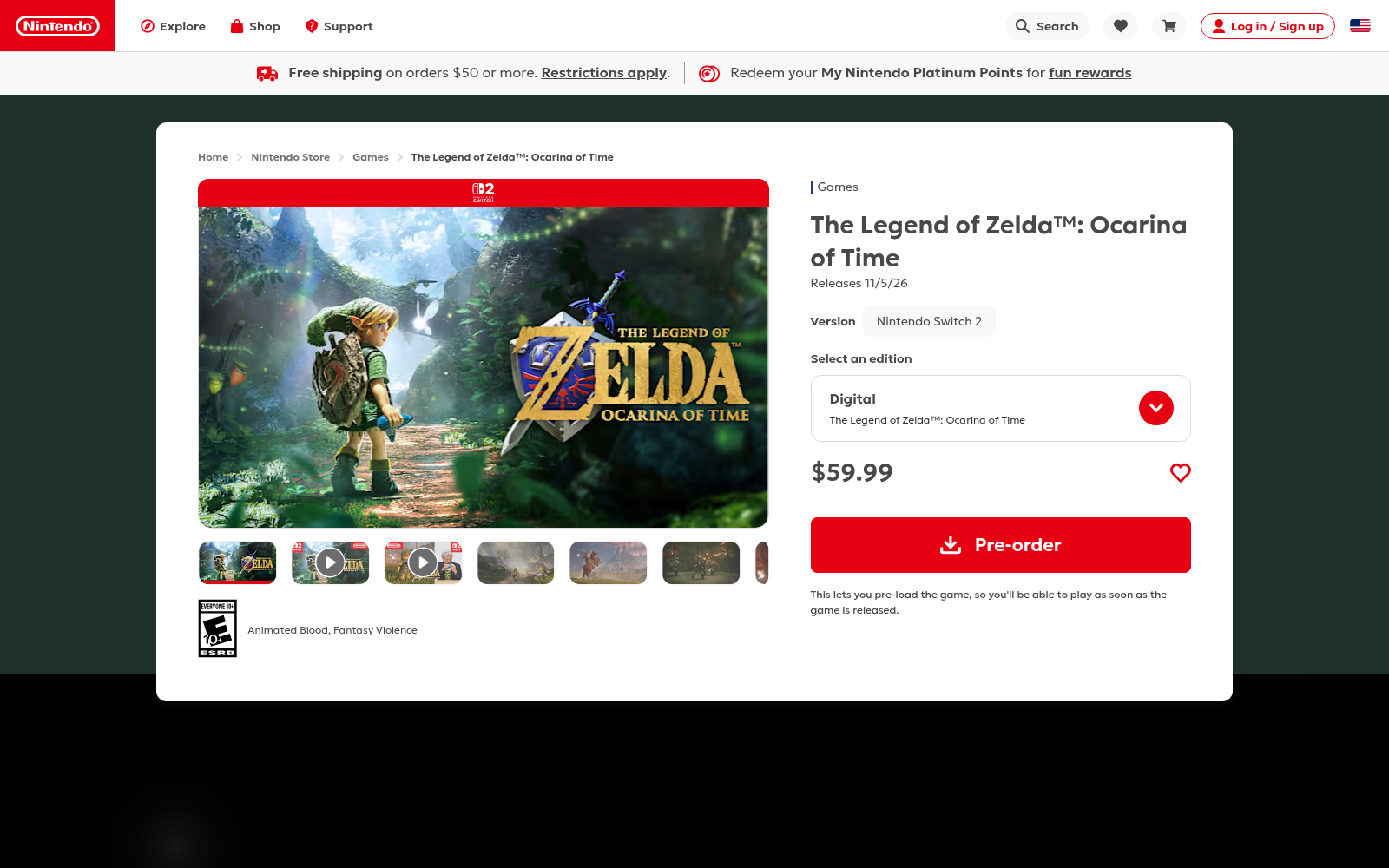 Fiche du jeu sur le Nintendo Store américain, indiquant une sortie le 5 novembre 2026, un prix numérique de 59,99 dollars et un bouton de précommande