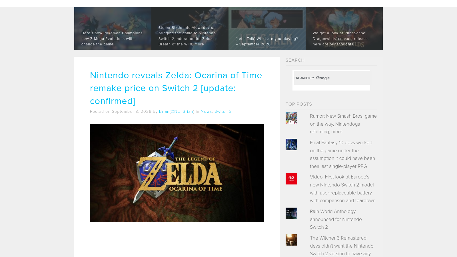 Article de Nintendo Everything titré « Nintendo reveals Zelda: Ocarina of Time remake price on Switch 2 », publié le 8 septembre 2026 par le rédacteur Brian