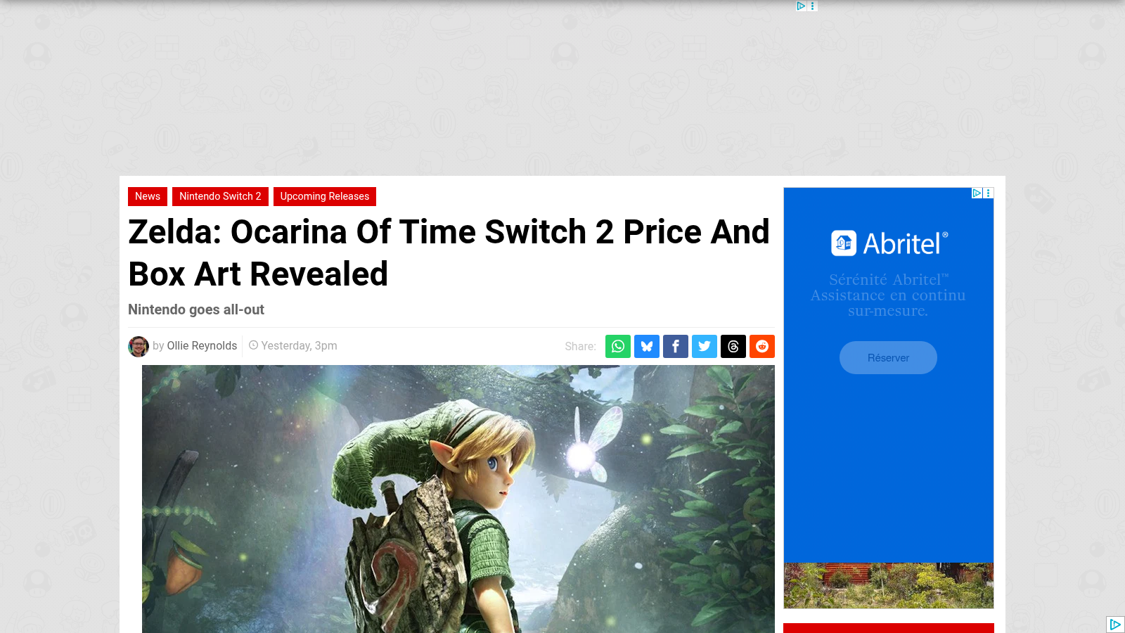 Article de Nintendo Life sur le prix et la jaquette du remake, avec un visuel de Link enfant tiré du jeu