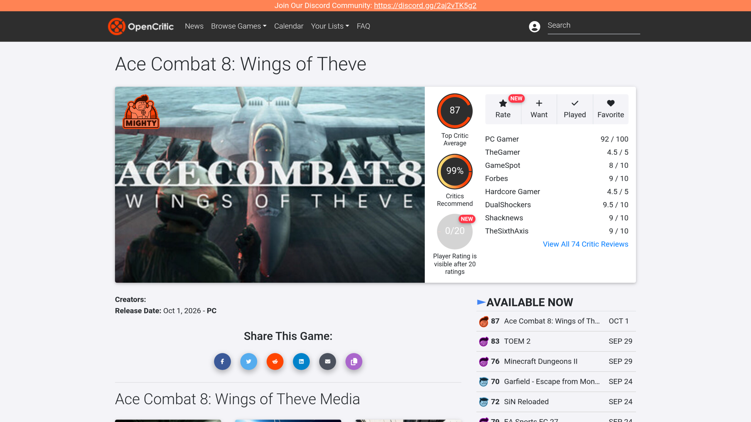 Fiche OpenCritic de Wings of Theve : moyenne 87, 99 % de critiques favorables, notes de PC Gamer, Forbes et DualShockers