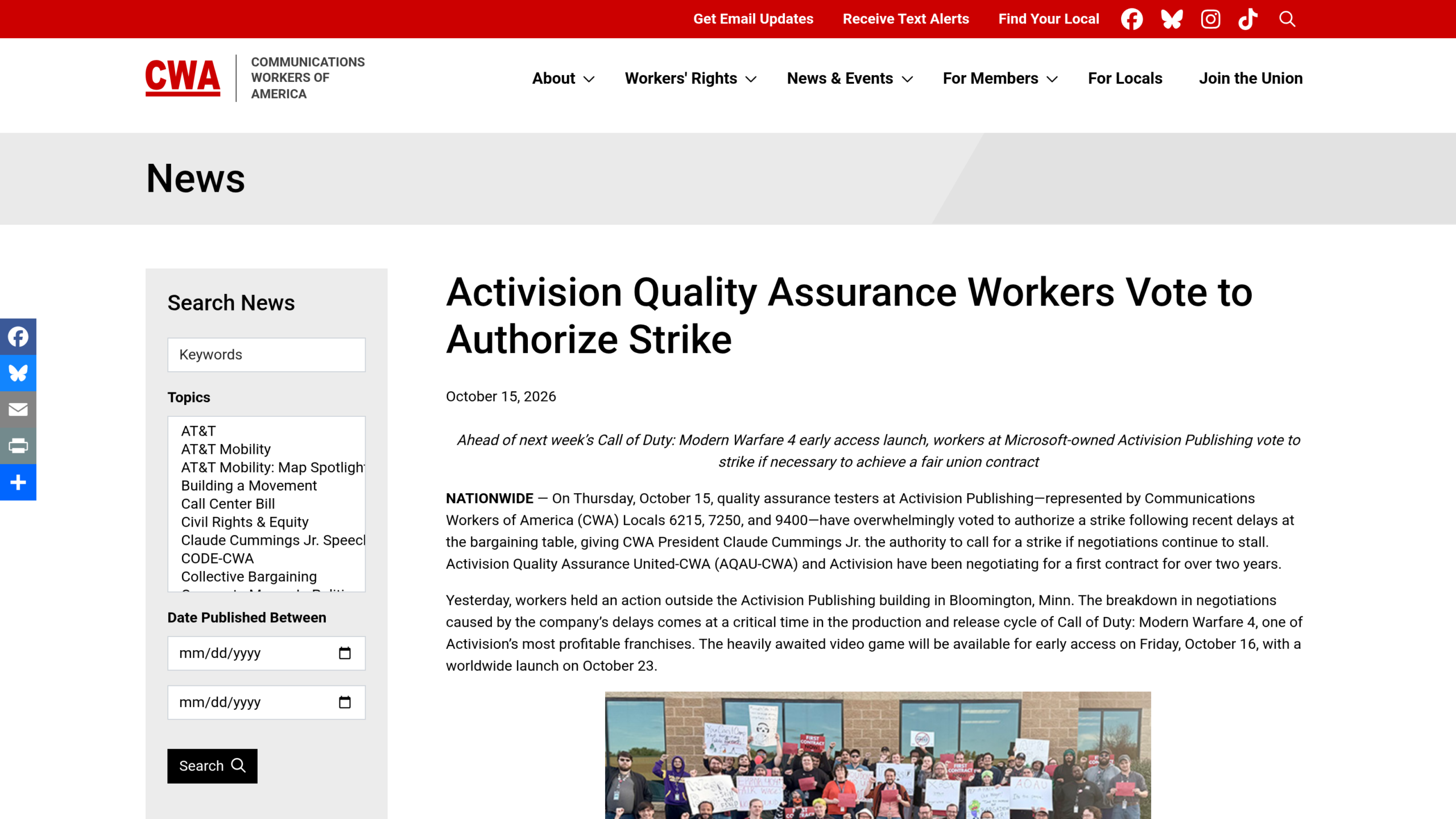 Communiqué de la CWA du 15 octobre 2026 titré Activision Quality Assurance Workers Vote to Authorize Strike, qui cite les sections locales 6215, 7250 et 9400 et la sortie de Modern Warfare 4 le 23 octobre