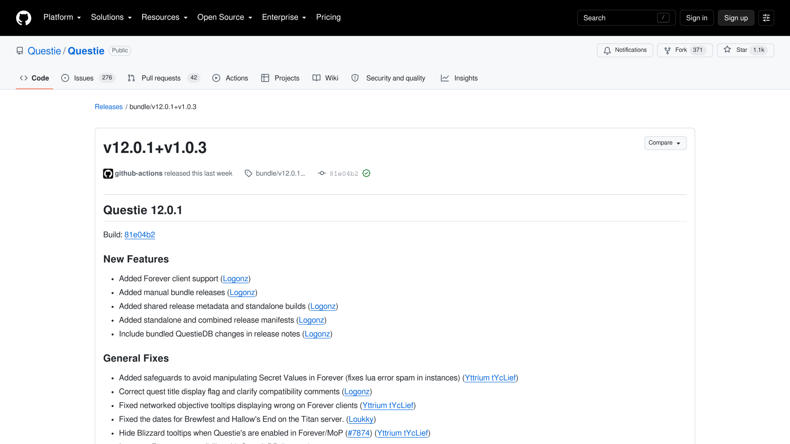 Page de version de Questie 12.0.1 sur GitHub, avec la ligne Added Forever client support en tête des nouveautés