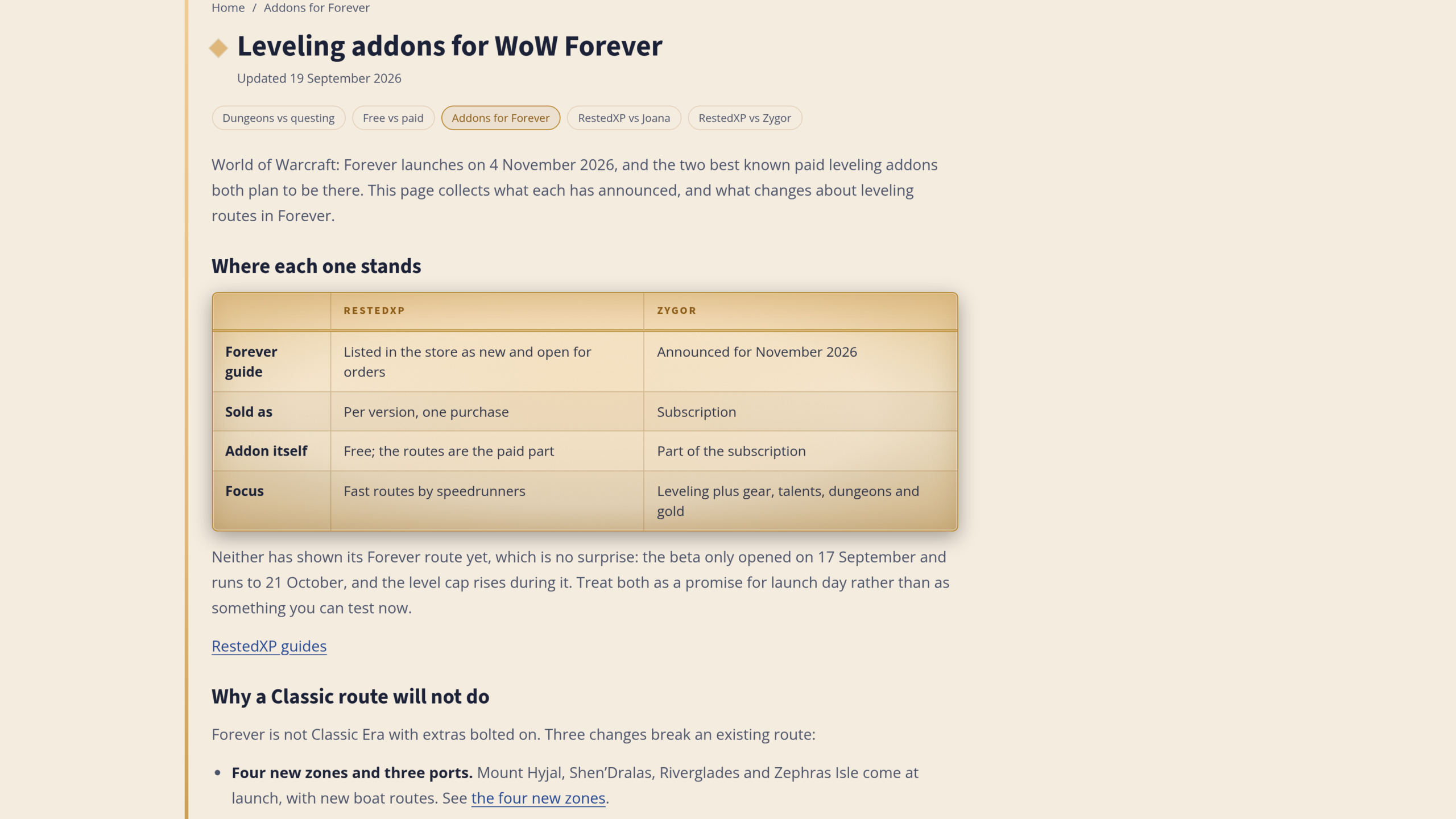 Page wowforever.be mise à jour le 19 septembre 2026 avec un tableau RestedXP contre Zygor : mode de vente, addon, orientation