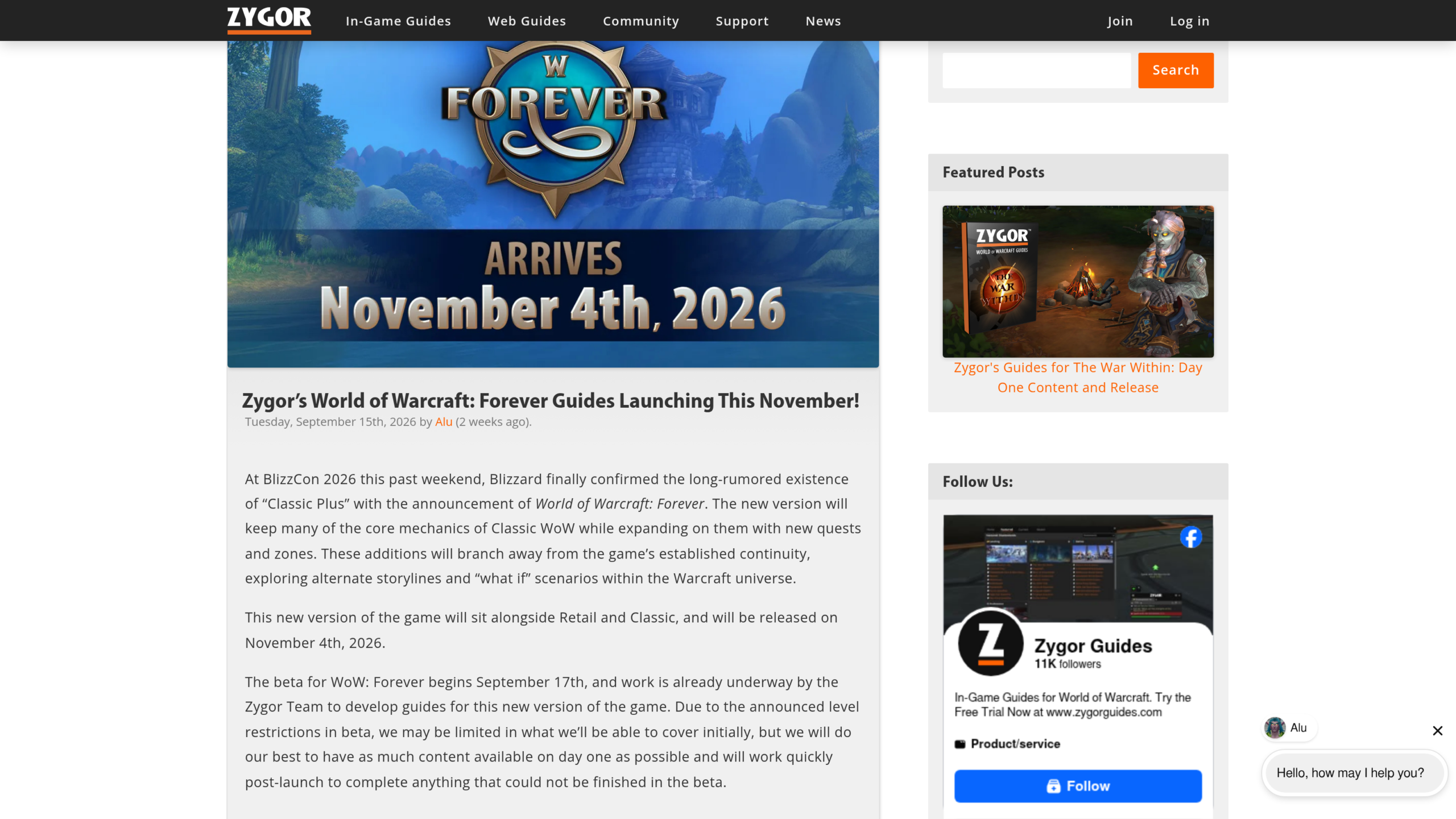 Billet du blog Zygor du 15 septembre 2026 annonçant ses guides pour WoW Forever le 4 novembre 2026