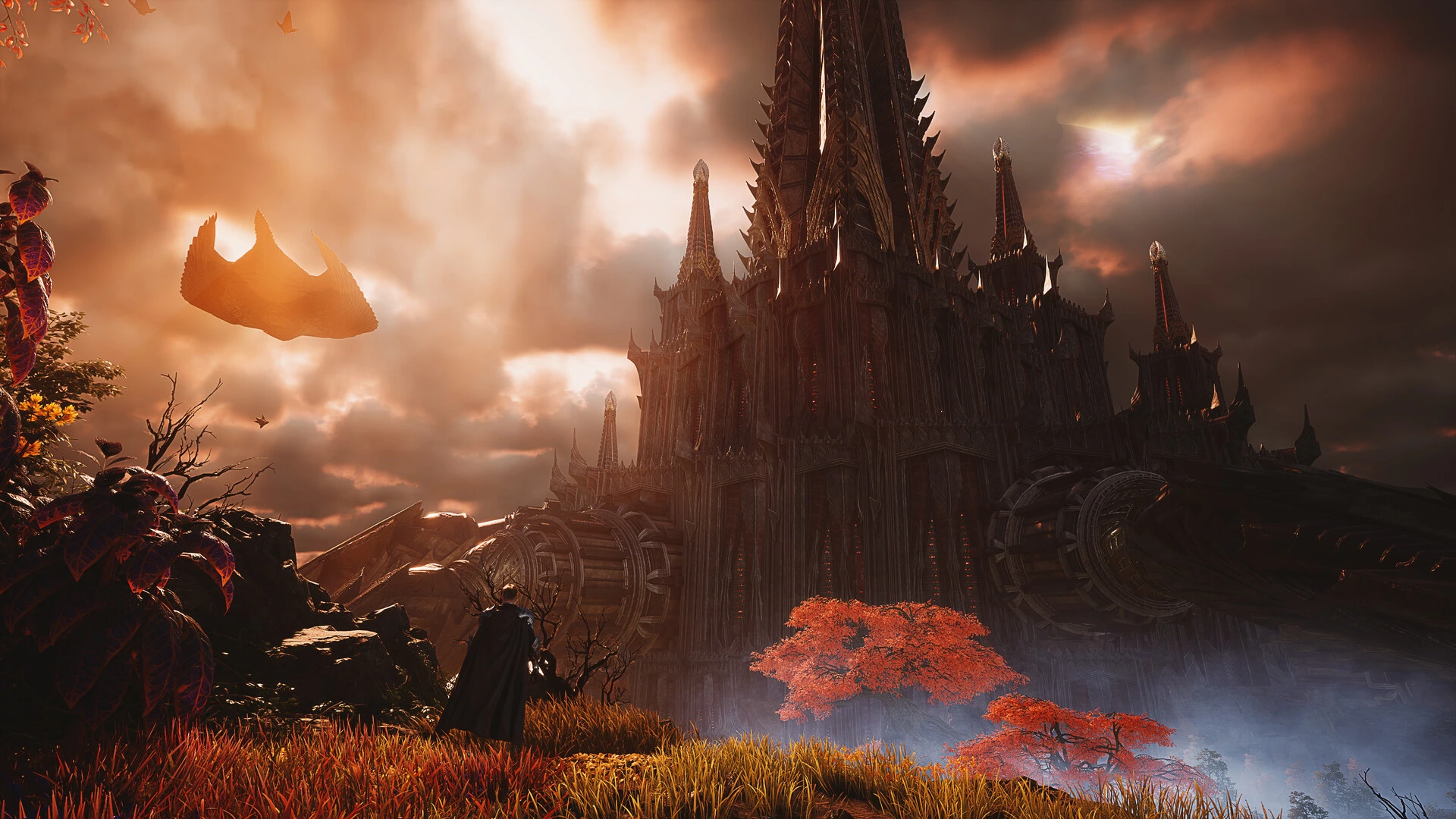 Personnage en cape face à une immense forteresse gothique, sous un ciel orange où vole une créature