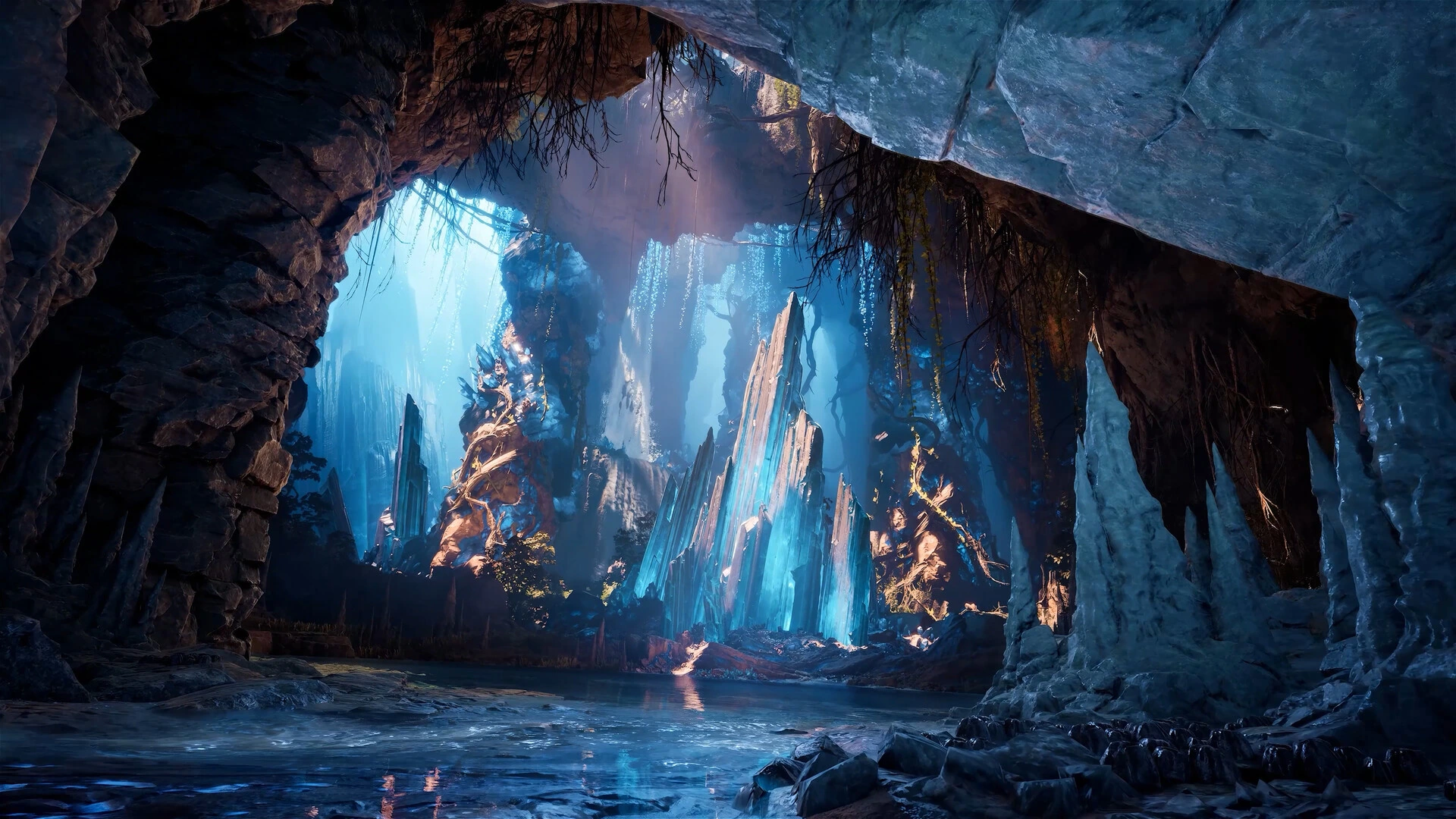 Grotte aux cristaux bleus géants, avec de l'eau au premier plan