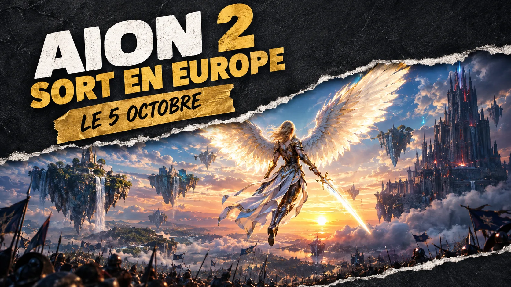 Aion 2 : collage de papier déchiré montrant un guerrier ailé au-dessus d'un champ de bataille, avec le texte Aion 2 sort en Europe le 5 octobre