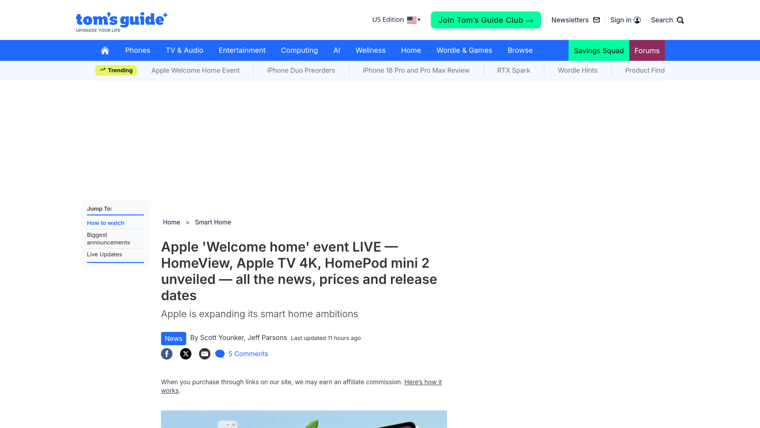 Page du direct de Tom's Guide intitulée Apple Welcome home event LIVE, HomeView, Apple TV 4K, HomePod mini 2 unveiled, avec le menu Jump To et les noms de deux auteurs
