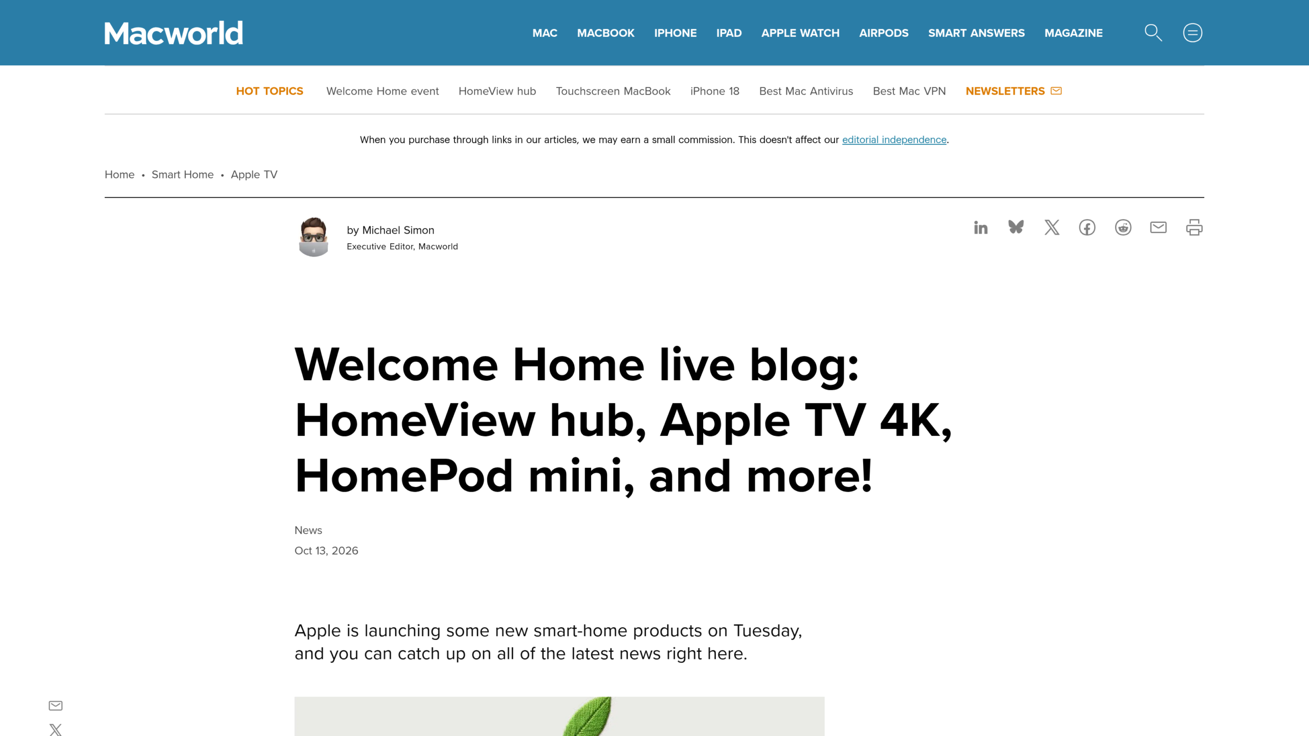 Page du direct Macworld Welcome Home live blog, HomeView hub, Apple TV 4K, HomePod mini, and more, signée Michael Simon le 13 octobre 2026