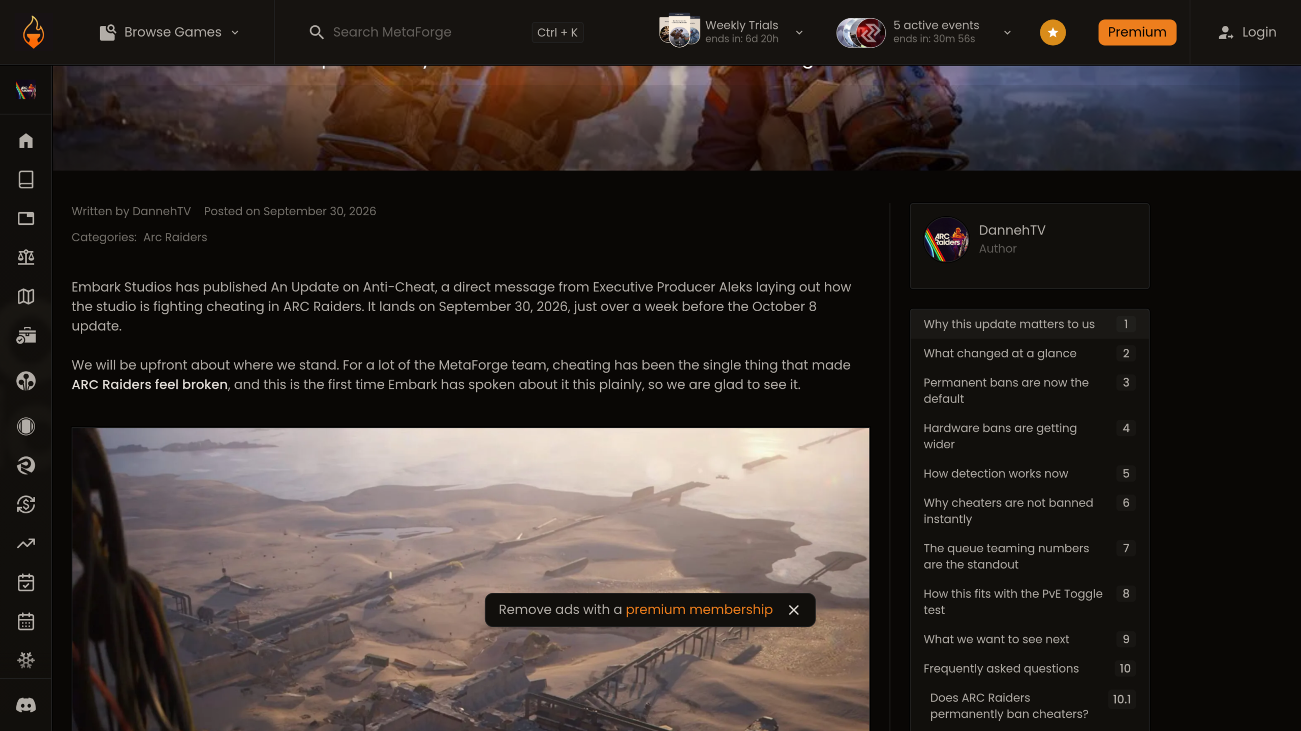 Page MetaForge sur la mise à jour anti-triche avec son sommaire : bannissements définitifs par défaut, blocages matériels élargis, chiffres du queue teaming, lien avec le test PvE