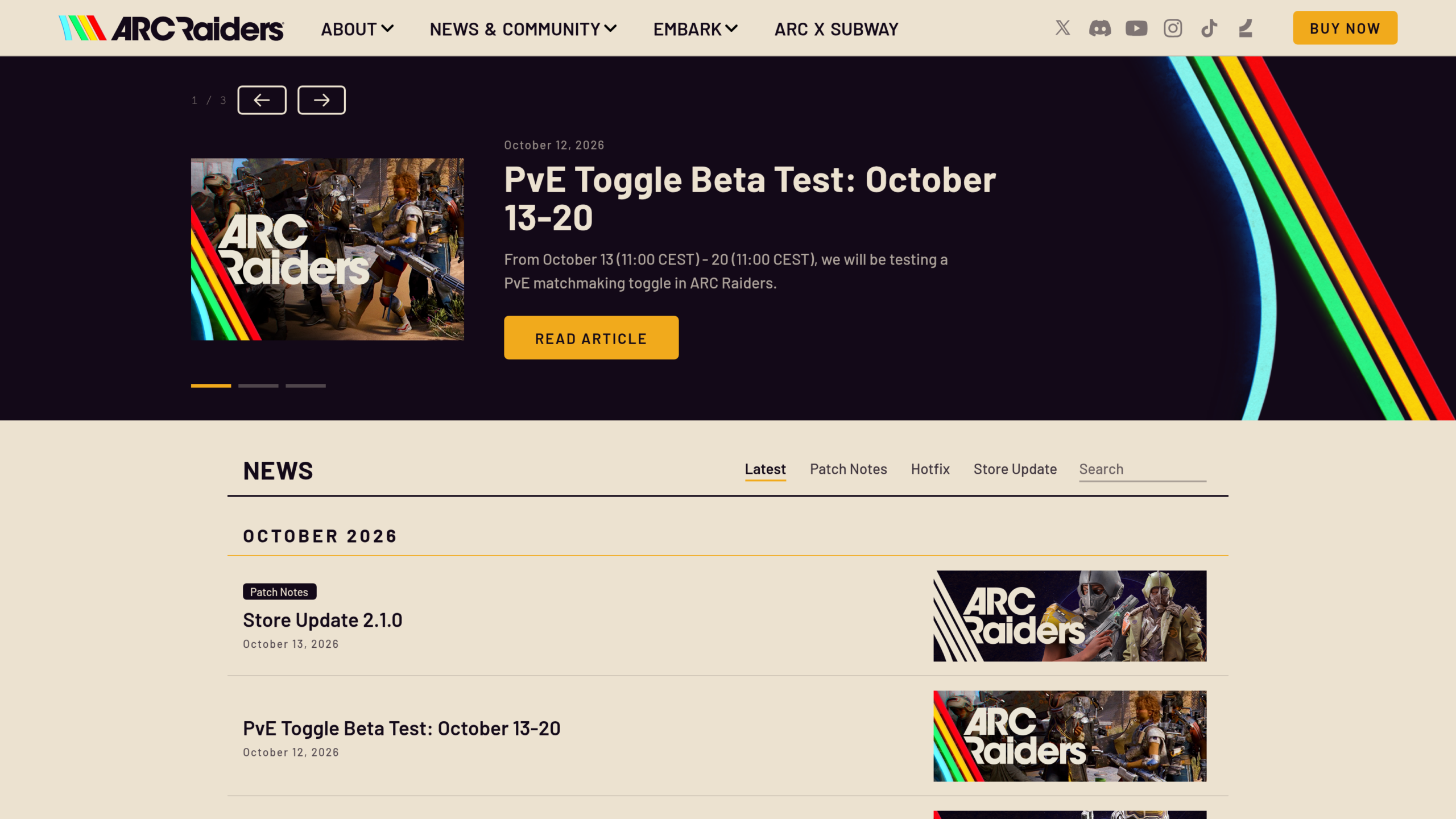 Page News officielle d'Arc Raiders listant le PvE Toggle Beta Test du 13 au 20 octobre et la Store Update 2.1.0
