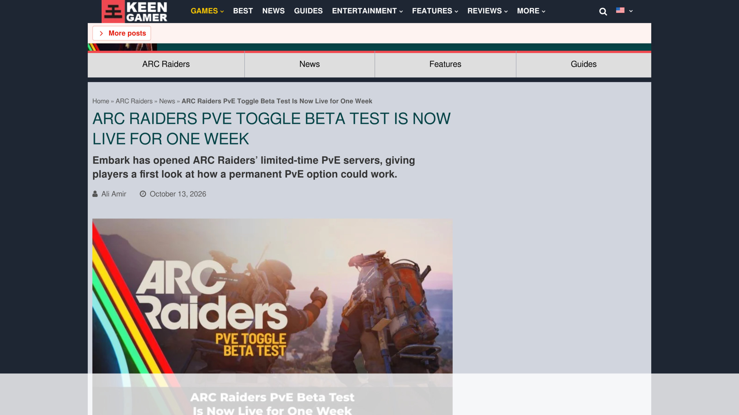 Article de KeenGamer annonçant que le test de l'interrupteur PvE d'Arc Raiders est en ligne pour une semaine