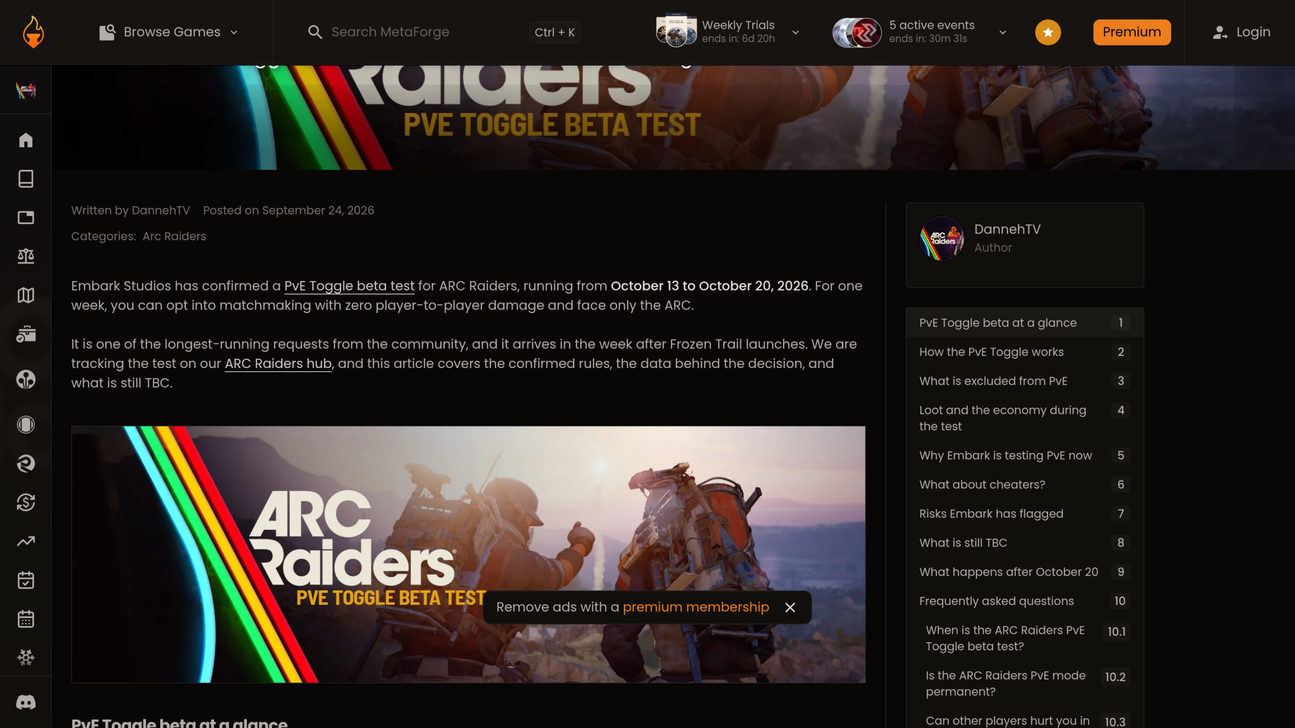 Page MetaForge sur le test de l'interrupteur PvE du 13 au 20 octobre, avec un sommaire incluant les exclusions, le butin et l'économie, la question des tricheurs et la suite après le 20 octobre