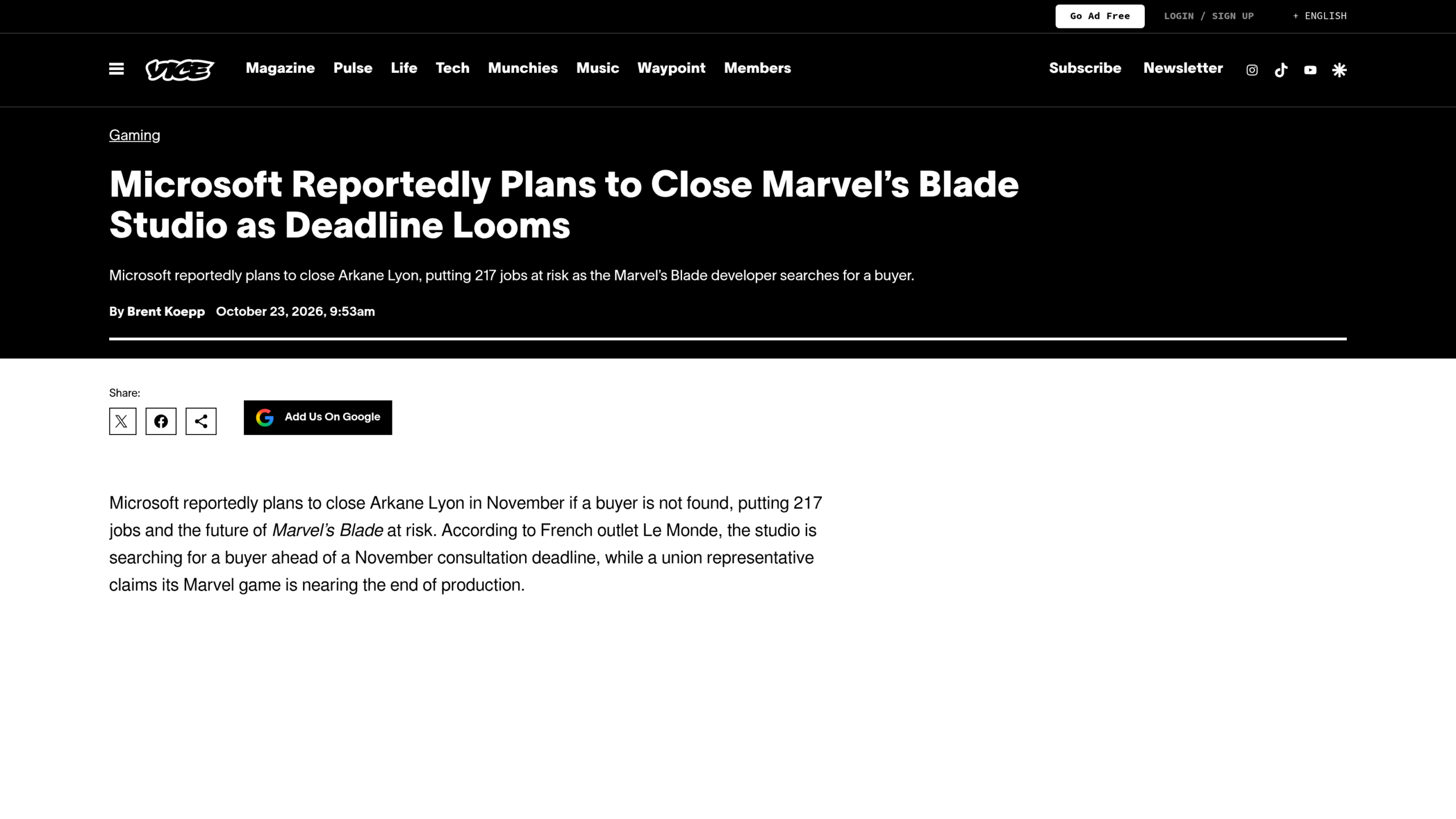 Article de Vice titré « Microsoft Reportedly Plans to Close Marvel's Blade Studio as Deadline Looms », avec le chapô sur les 217 emplois menacés